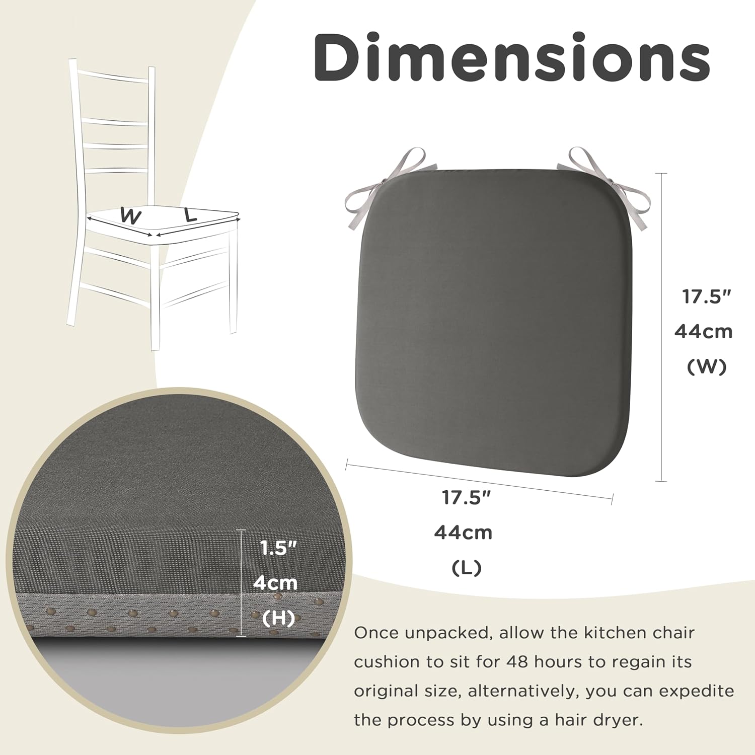AddGrace Memory Foam Chair Cushion Non Slip Dining Chair Cushions Set of 4 with Removable and Washable Cover Square Seat Pad for Kitchen Office Living Room 17.5 * 17.5 * 1.5 Inch Dark Grey