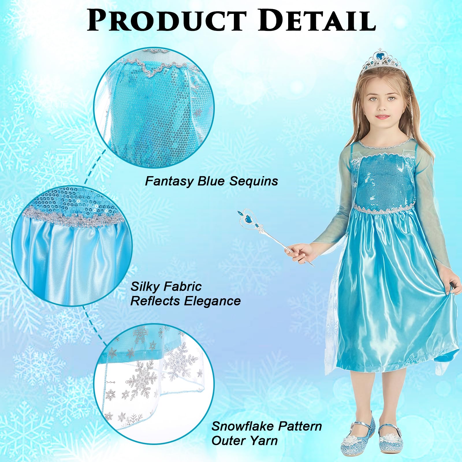 WOXVM Girls Princess Dress Deluxe Princess Costume Birthday Party Snow Princess Dress Up for Girls Halloween Cosplay Fancy Dress with Accessories