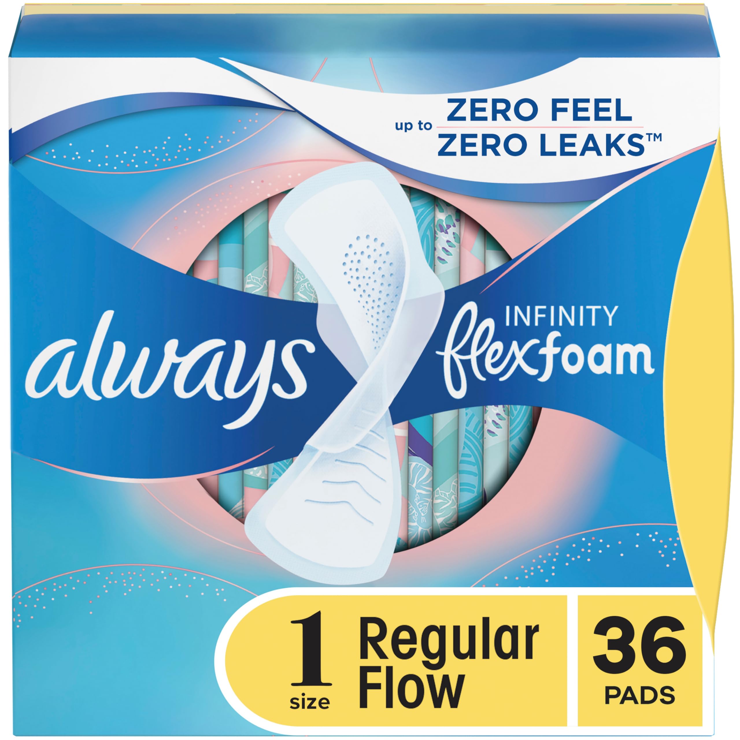 Always Infinity Feminine Pads for Women, Size 1 Regular Absorbency, with Wings, with Flexfoam, Unscented, 36 Count