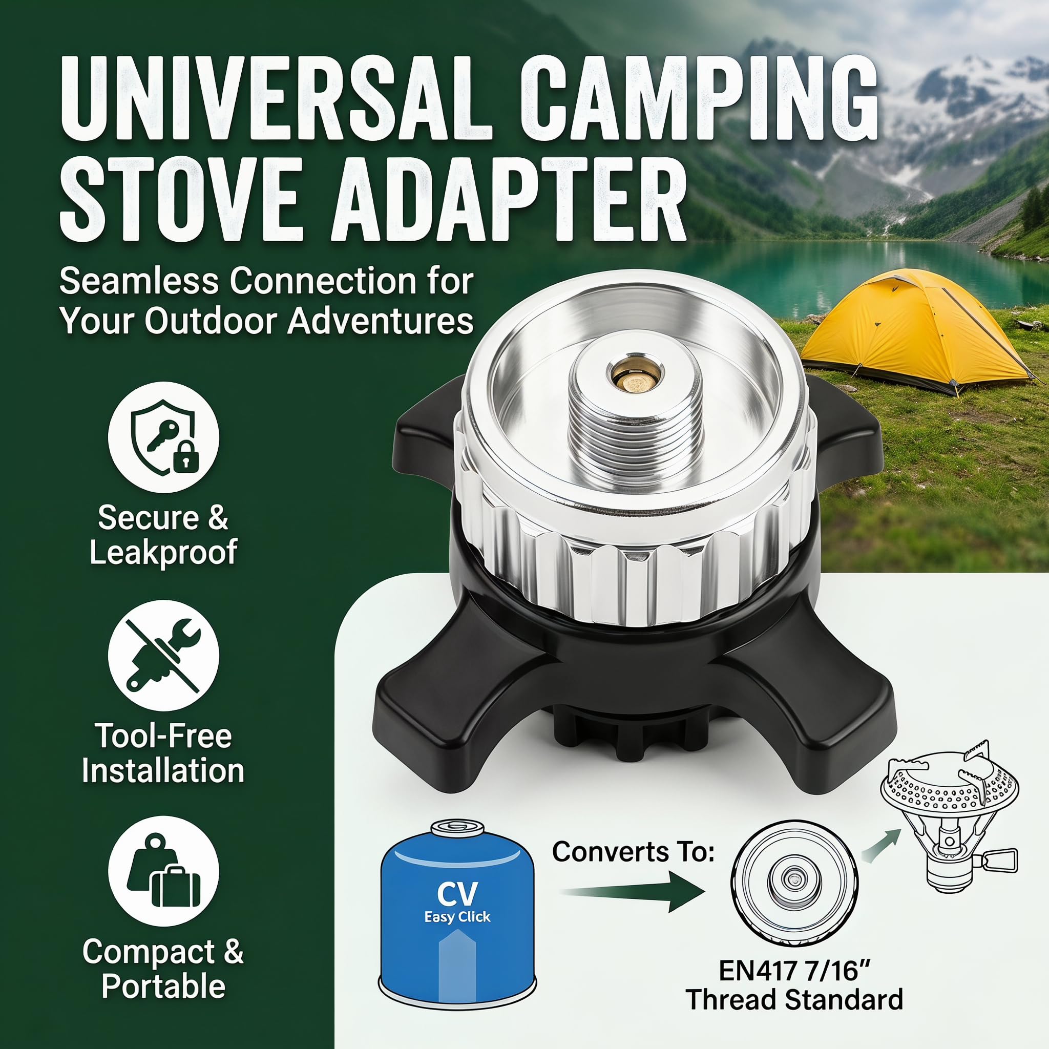 Adapter nabojów gazowych Wuhmhm kompatybilny z nabojem gazowym Easy-Click/CV, adapter z zamknięcia bagnetowego na przyłącze gwintowane 7/16", adapter naboju gazowego do kuchenki kempingowej, palnika