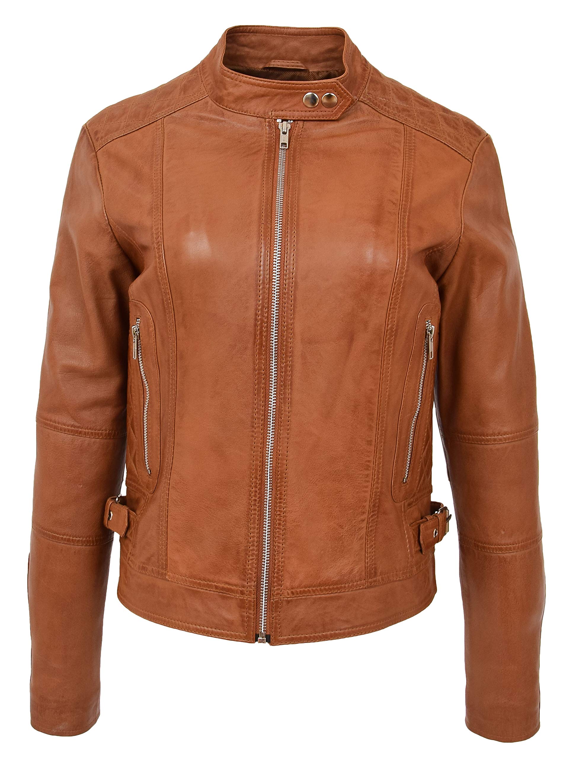 Womens Real Leather Biker Jacket Casual Zip Fastening Style Ruby (14, Tan)