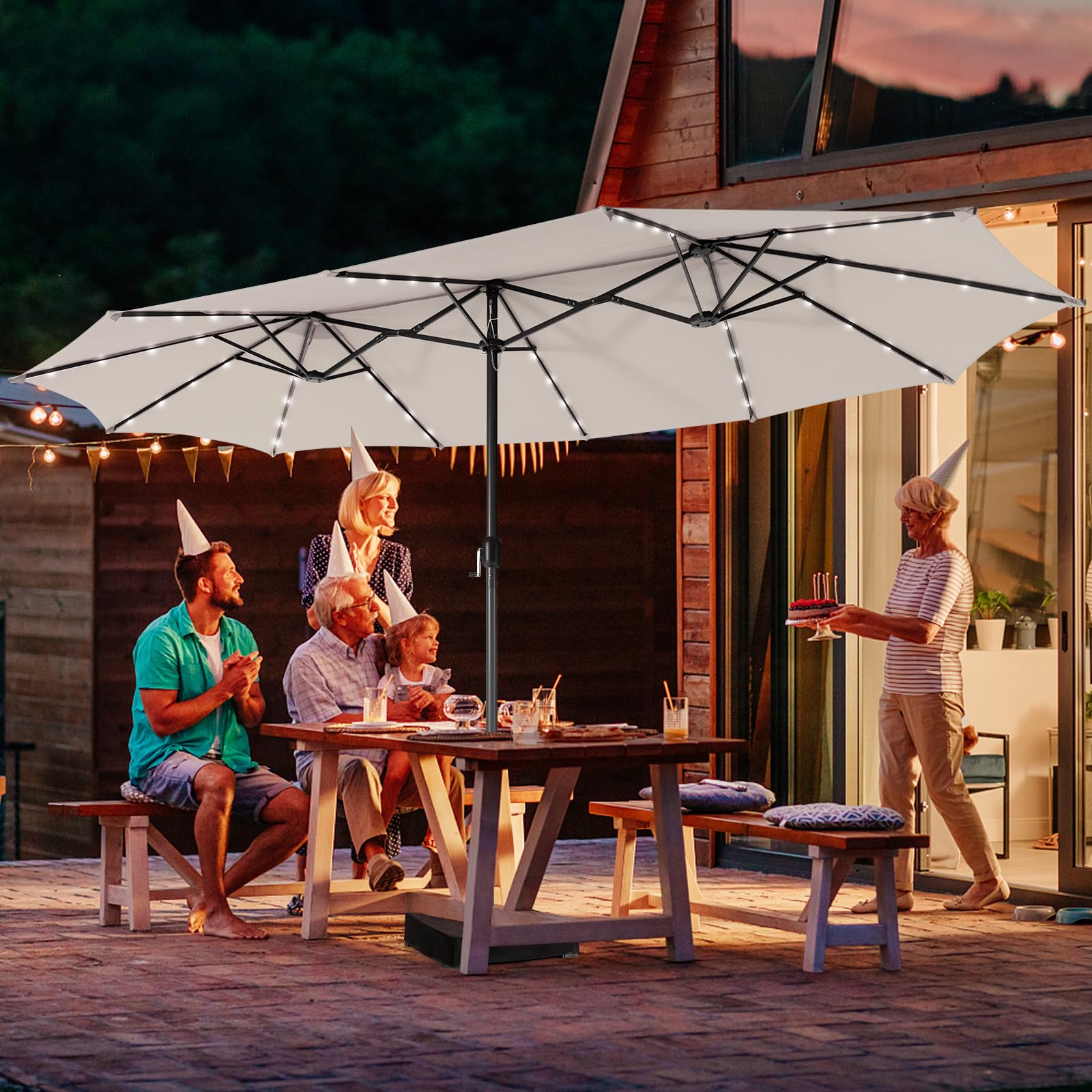 KOMFOTTEU Ombrellone da giardino doppio con 48 luci a LED, 450 x 260 cm, ombrellone rettangolare UPF 50+, grande ombrellone pieghevole per patio, piscina, terrazza, caffè, cortile