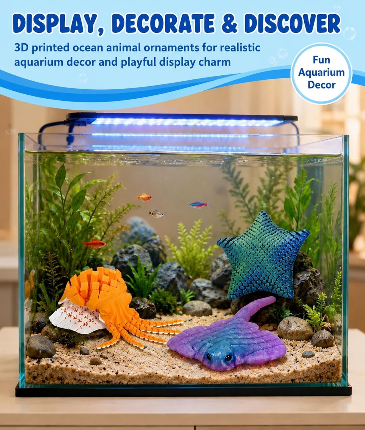 GemmiCho 3 Pack 3D Printed Animal Fidget Toys, Cute Articulated Sea Animals Set with Flexible 3D Printed Starfish, Manta Ray, Octopus, Cool 3D Printed Stuff for Gifts Home Decor Desk Pets