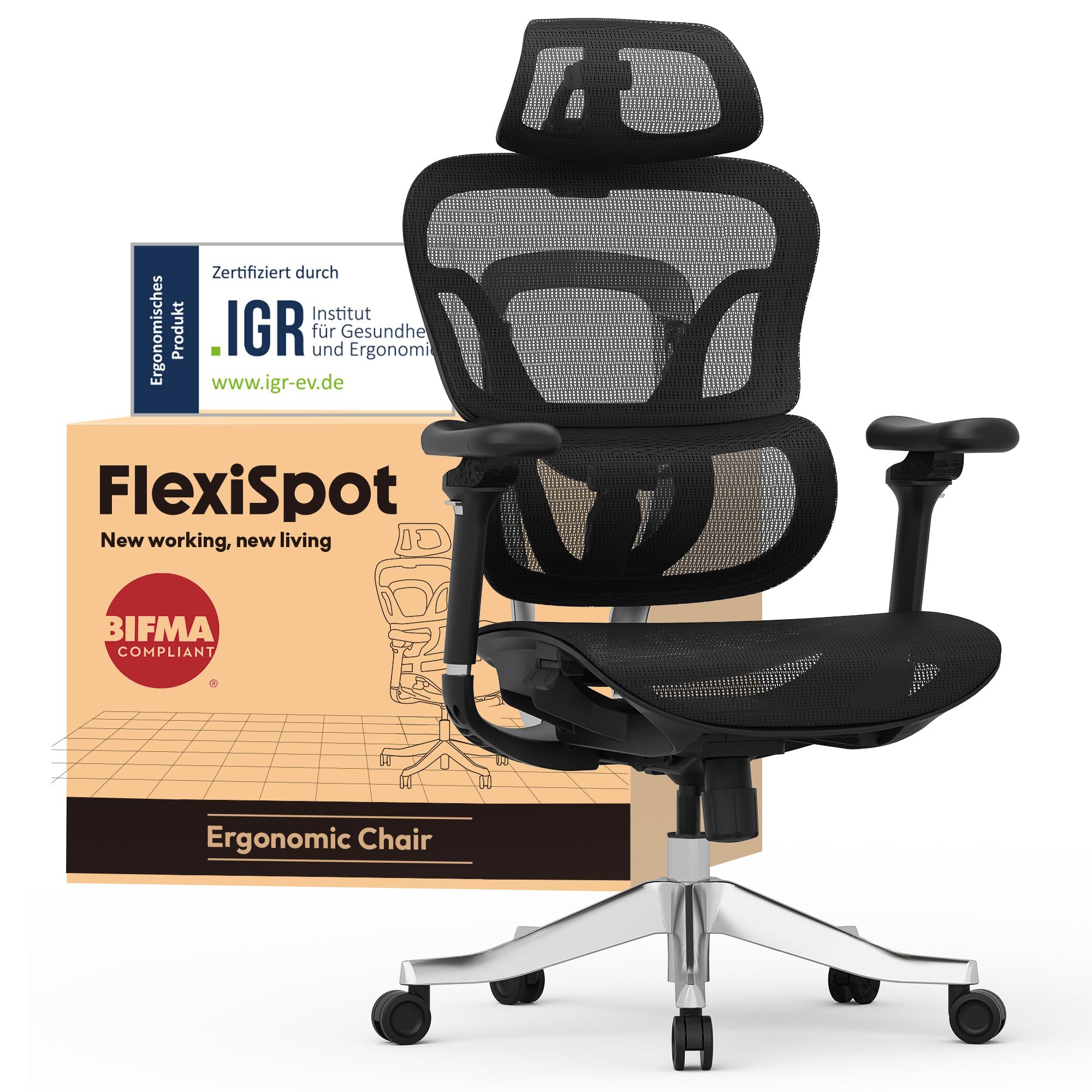 FLEXISPOT Ergonomischer Stuhl bis 300 kg, mit 4D Kopfstütze & 5D Armlehnen,Einteiliger Rücken- & Lendenstütze Bürostuhl für Büro und Gaming, ErgoX Max, Schwarz