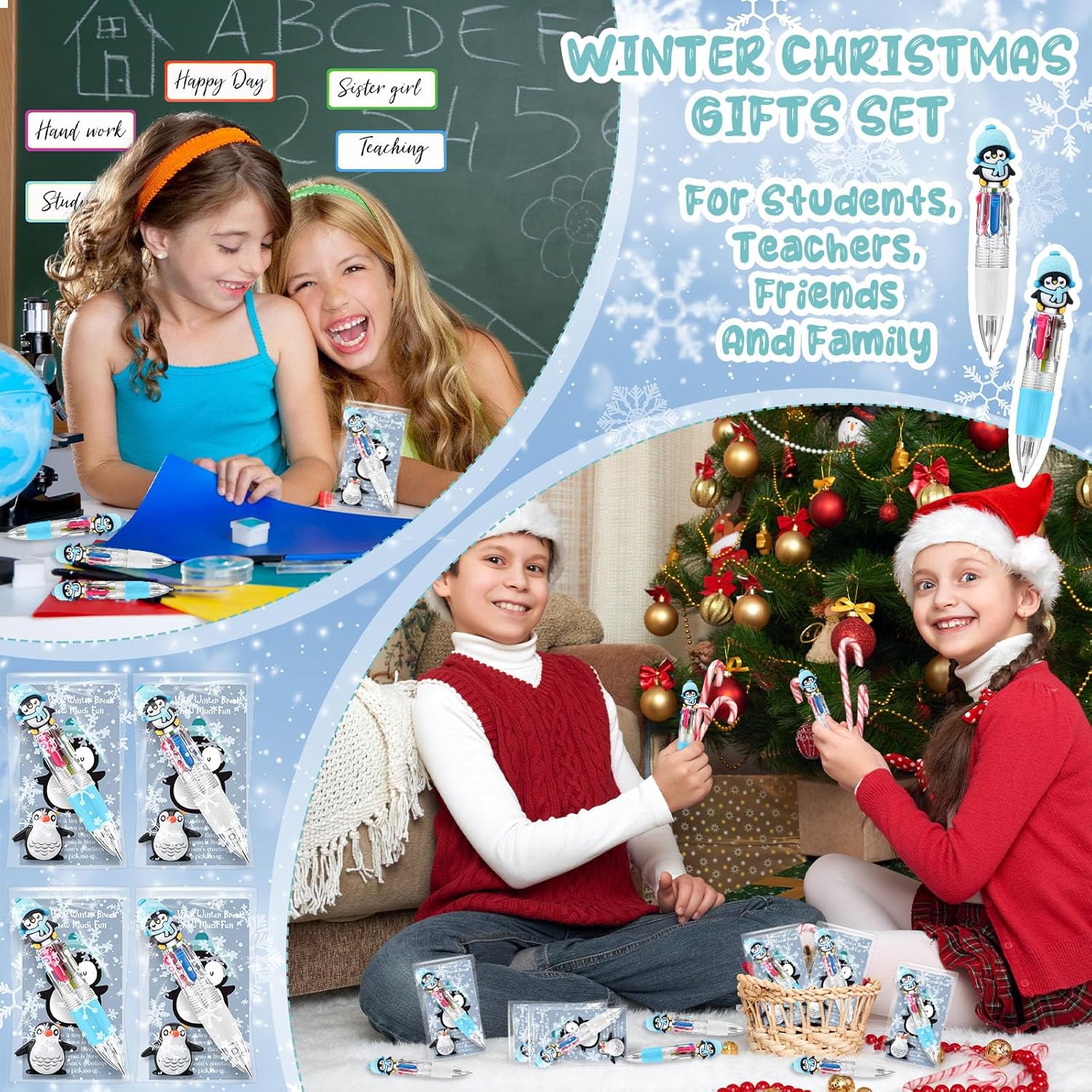AmazingSpark 24 Set Christmas Winter Gifts for Women Bulk Ballpoint Pen Mini Pocket Resin Ornaments Winter Inspirational Card Gift Bag Christmas Classroom Gifts for Student Prizes Coworker(Penguin)