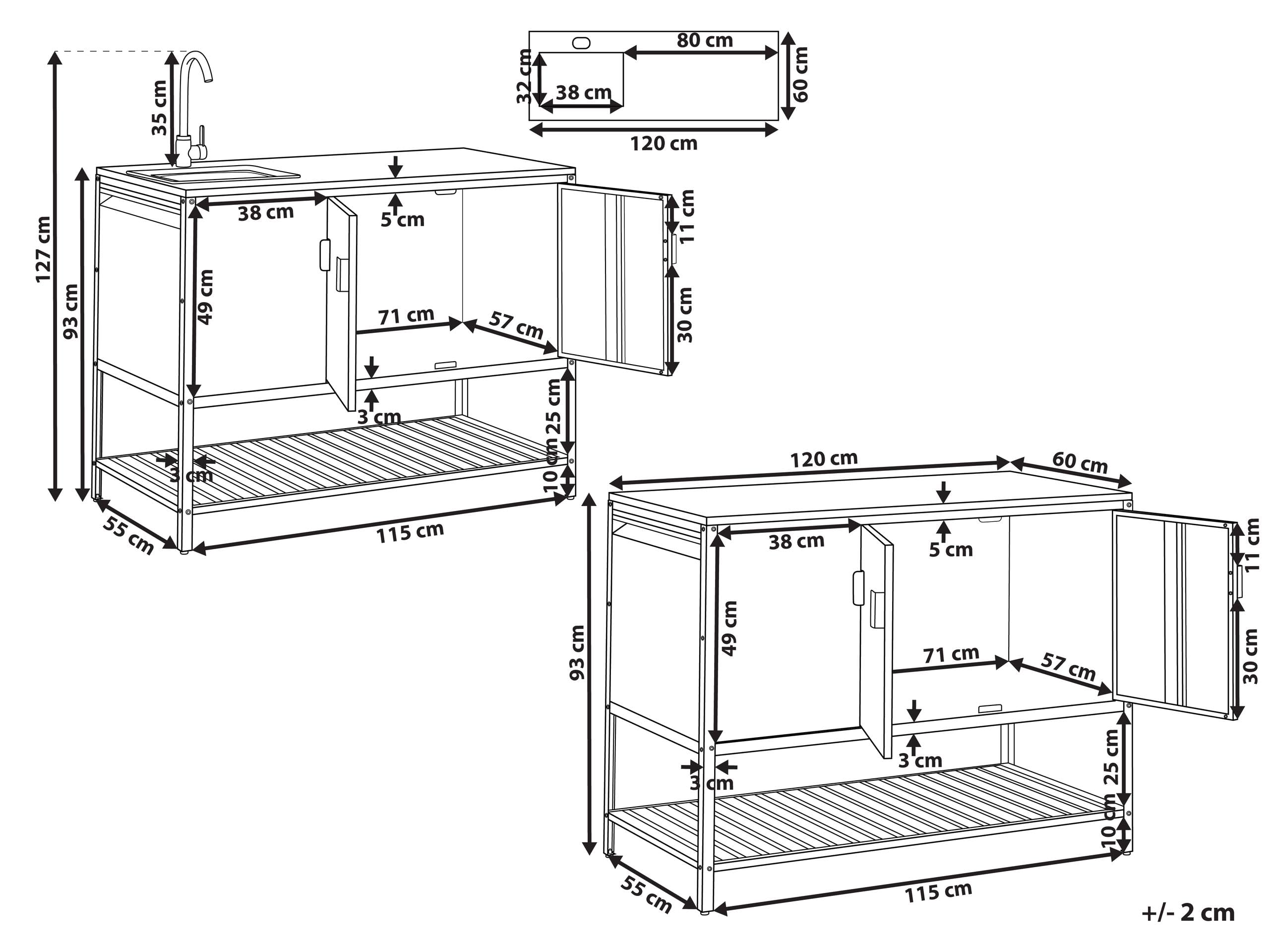 Beliani Conjunto de 2 armarios de Cocina Exterior de Acero 3 Puertas encimera de Acero Inoxidable jardín Negro con Fregadero Maenza