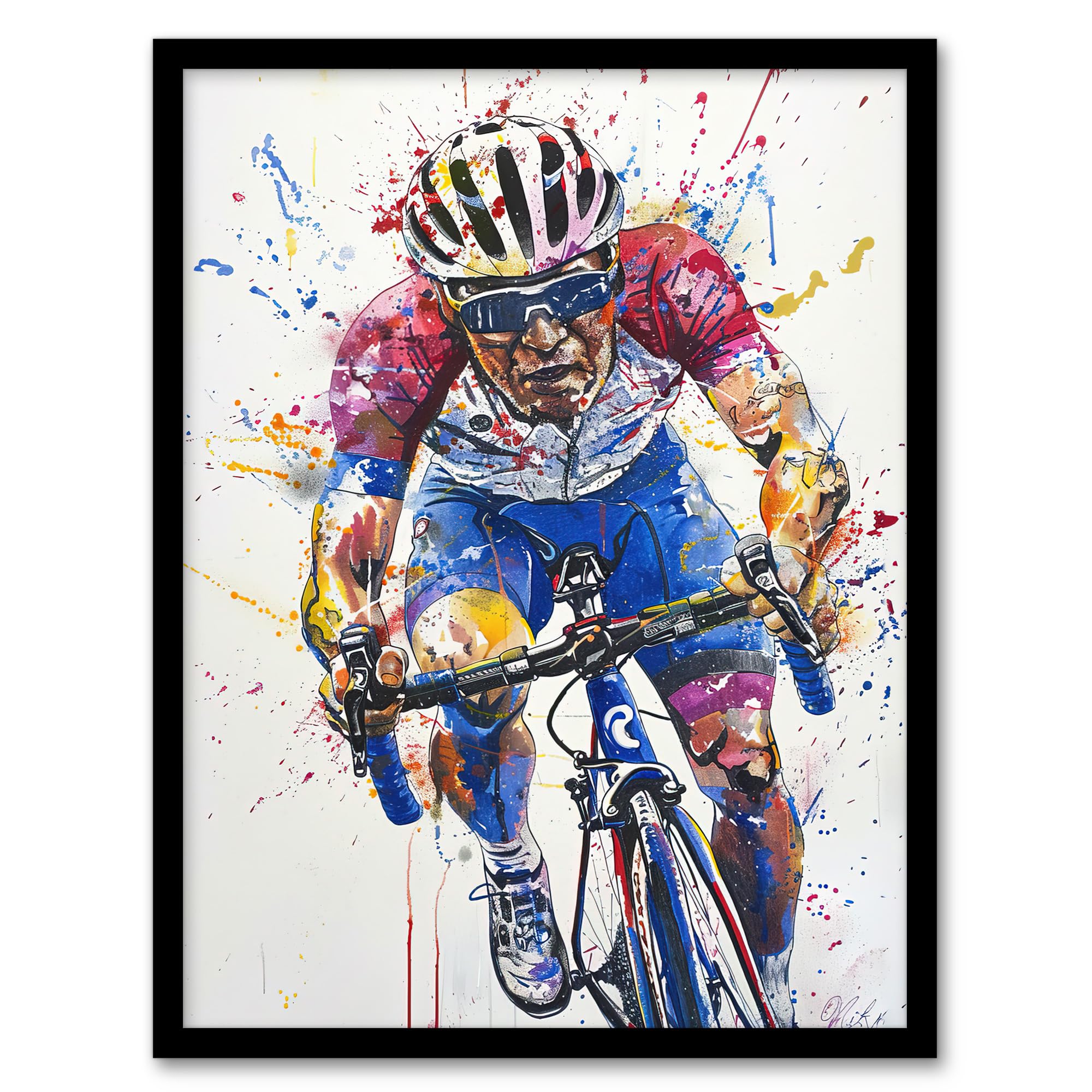 Artery8 Male Cyclist Action Shot Watercolour Cycling Living Room Artwork Framed Wall Art Print A4