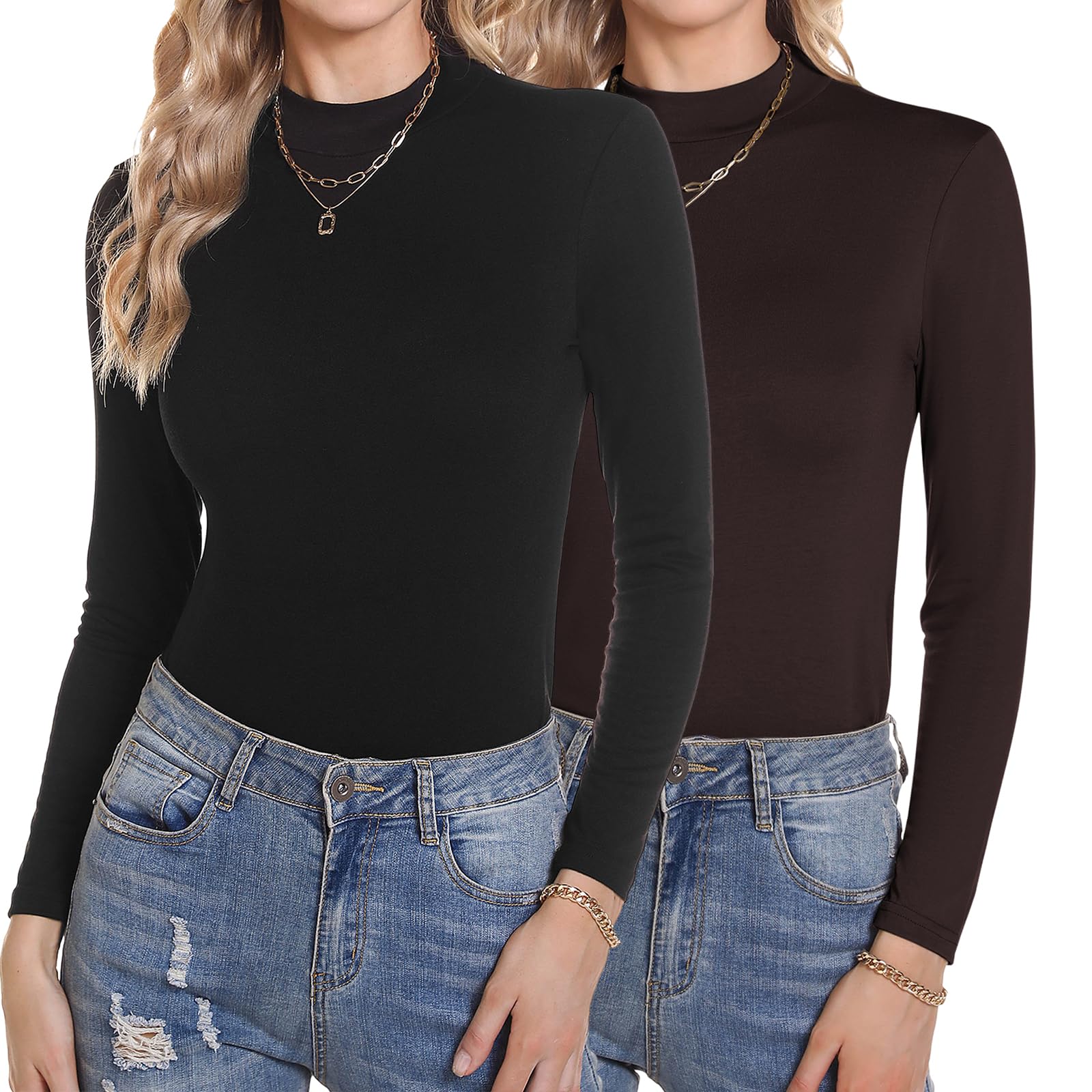 Aottori Damen 2 Pack Langarmshirt Set Stehkragen Rollkragenshirt Baumwolle Elegant Basic Oberteile Langarm Unterhemd Winter T-Shirt Stretch Tops