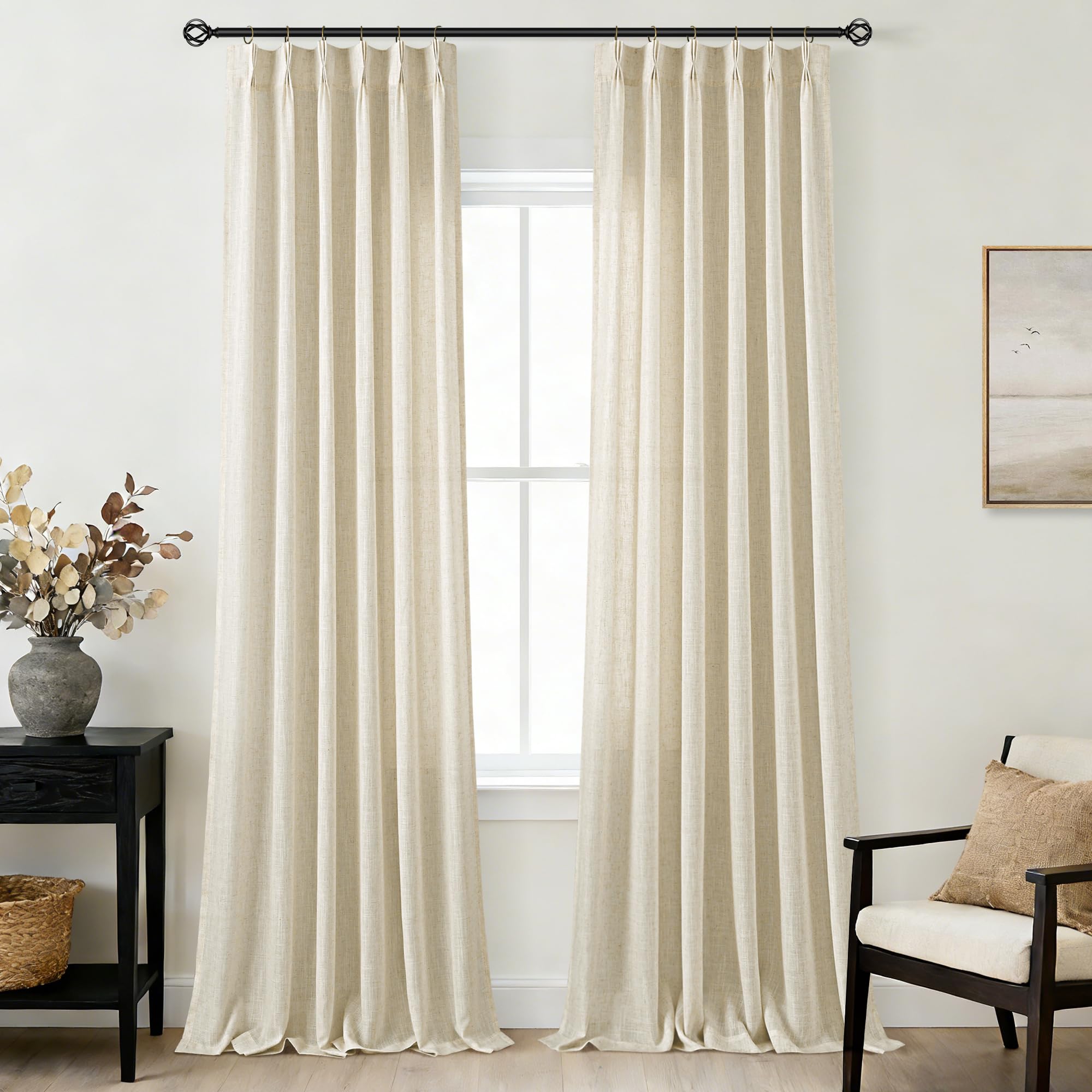 Photo 1 of 108 inch Long Pinch Pleated Linen Curtains 2 Panels Set for Living Room Sliding Door Warm Beige Light Filtering Semi Sheer Window Curtain Rustic Farmhouse 108 Inch Pinch Pleat Drapes with Hooks Rings