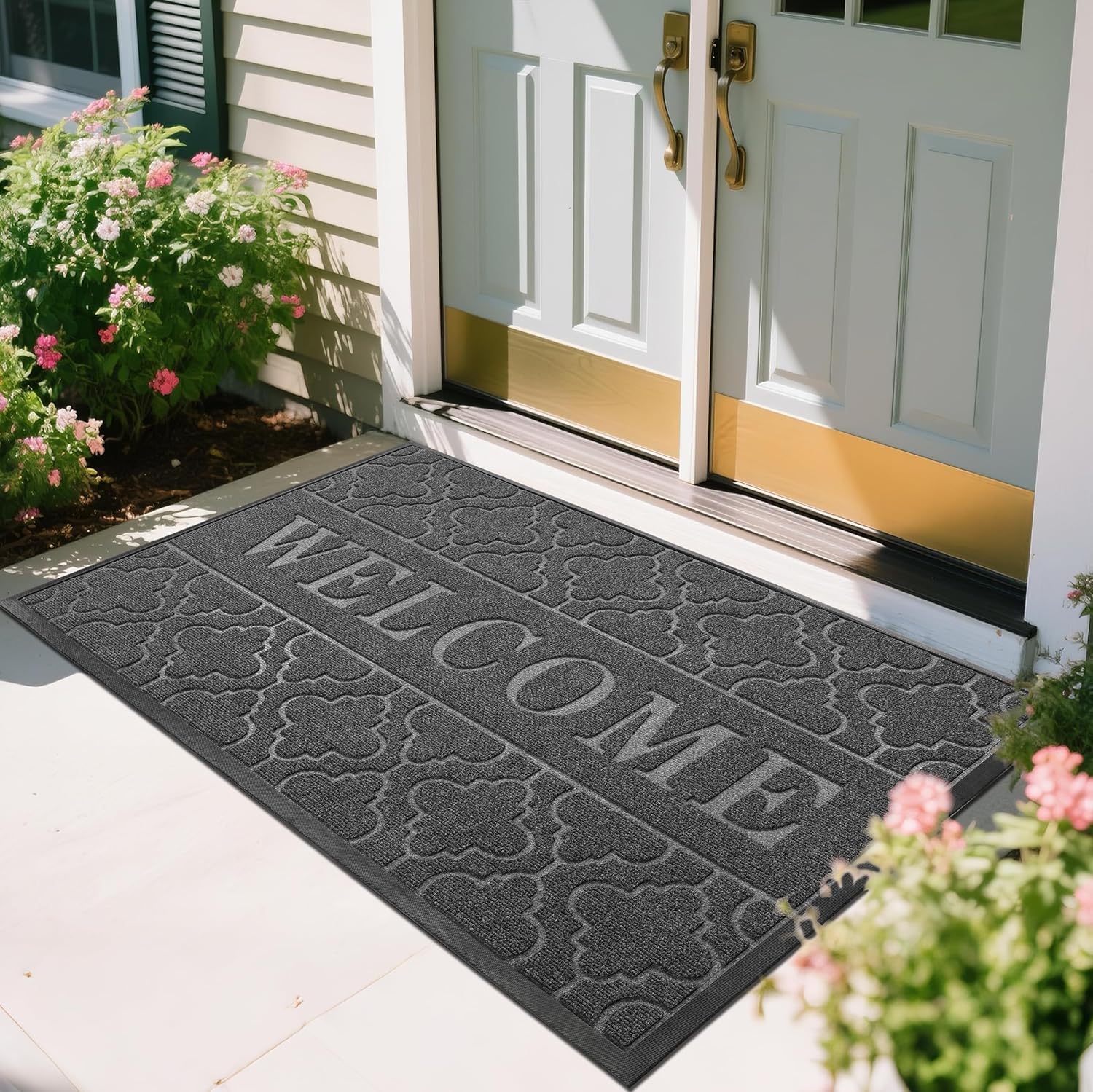 Yimobra Welcome Mat Outdoor Indoor, All-Season Waterproof Front Door Mat Outside Entrance, All-Weather Heavy Duty Non-Slip Doormat, Low Profile Porch Patio Entrance Mats, 152 x 91 cm, Dark Grey