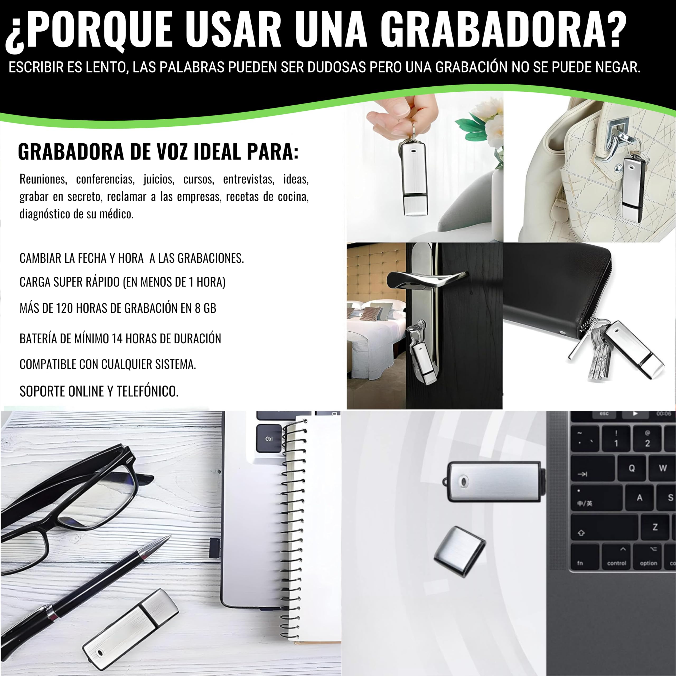 Grabadora de Voz Digital USB, Mini Grabadora de Voz Espia de 8 GB, Grabadora de Voz Pequeña Espía USB para Reuniones, Entrevistas, Conferencias, Clases, con Memoria para Varias Horas de Grabación N3