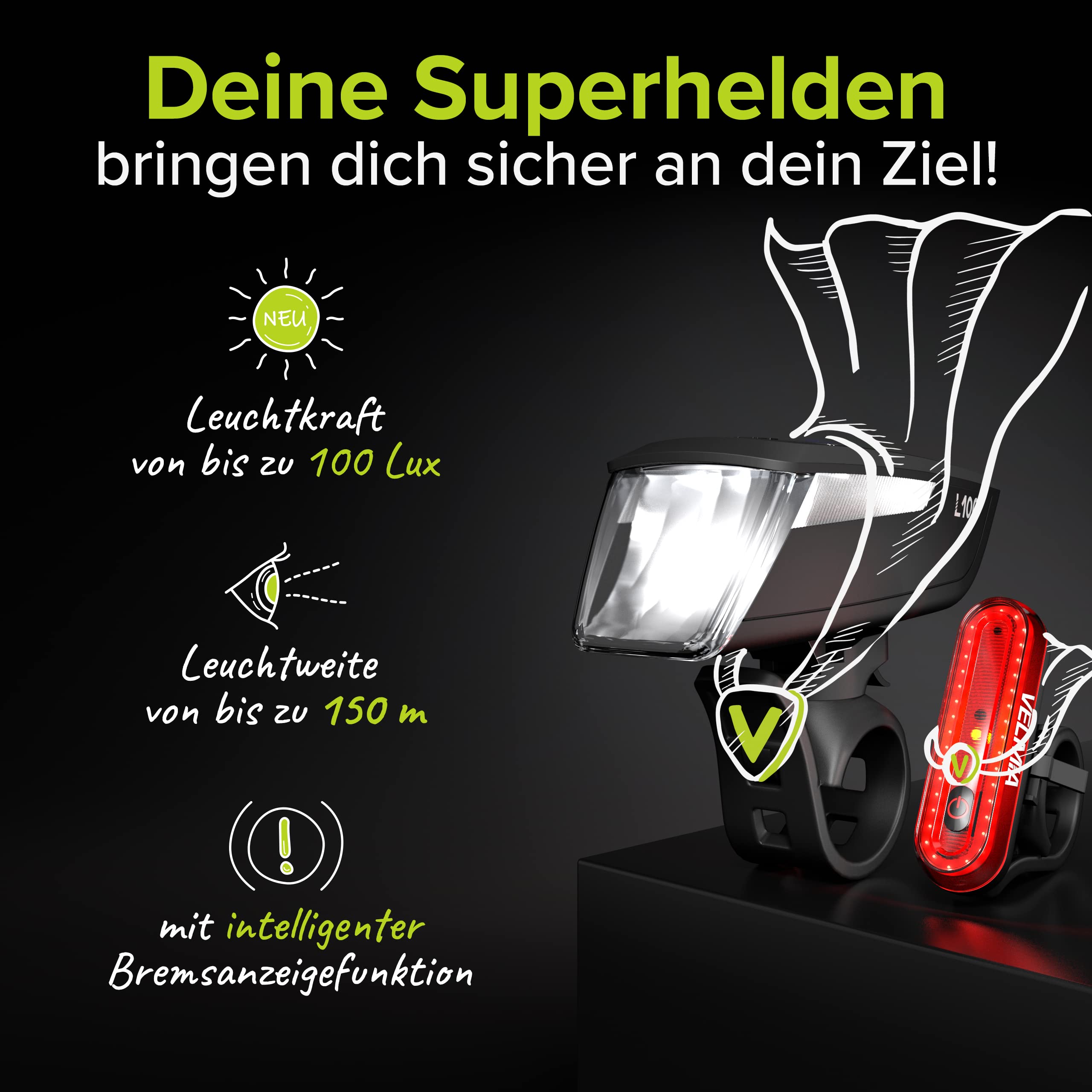VELMIA Lumiere Velo Avant et arrière - Lampe Velo LED avec Batterie USB Rechargeable, 8,5h autonomie - Montage Facile sans Outils, étanche IPX4 - lumière Velo pour sécurité et Conduite de Nuit