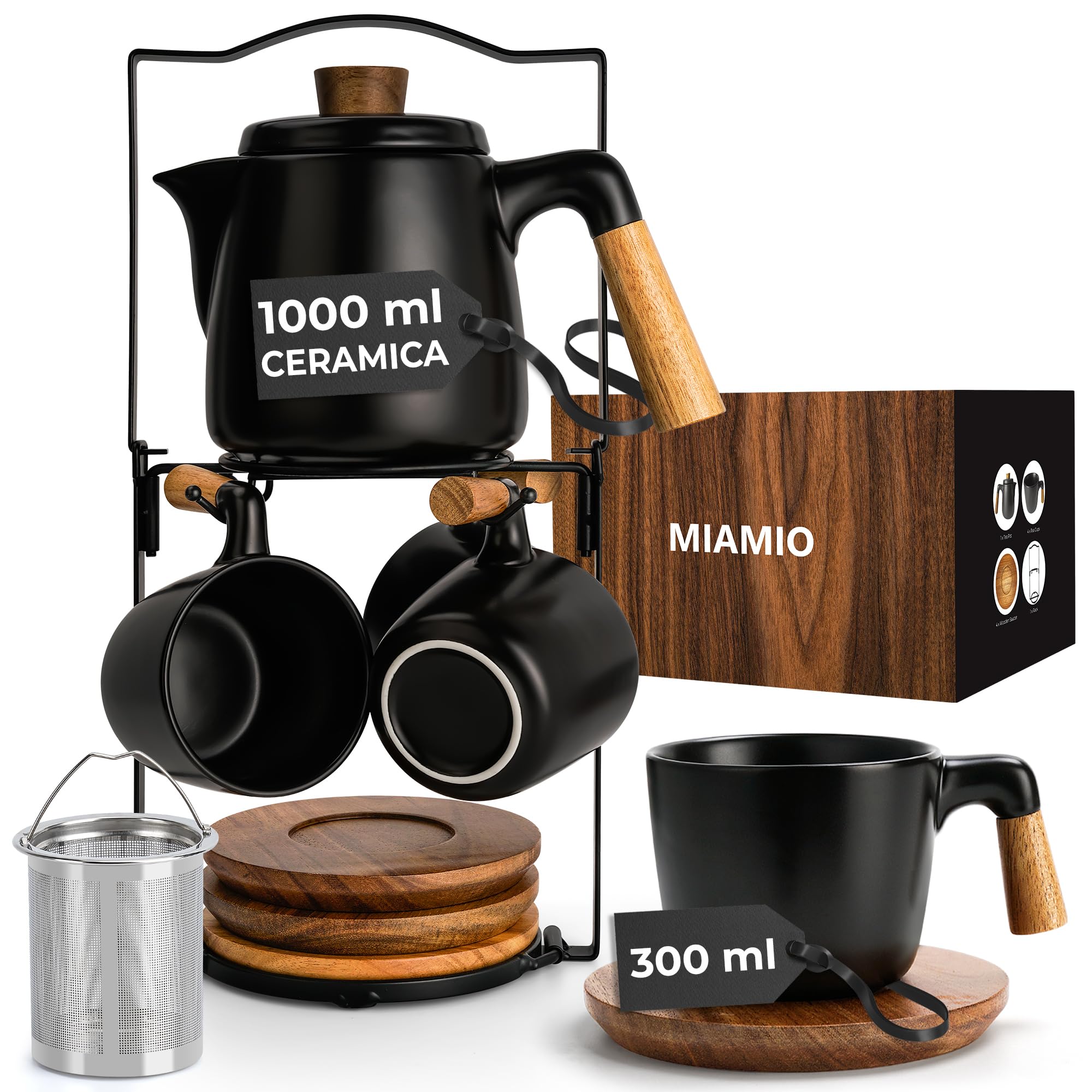 MIAMIO - Set di teiere in ceramica da 1000 ml con infusore e tazze/colino per il tè, 4 tazze da tè in ceramica (300 ml), piattini in bambù/manico con supporto per casa e ufficio