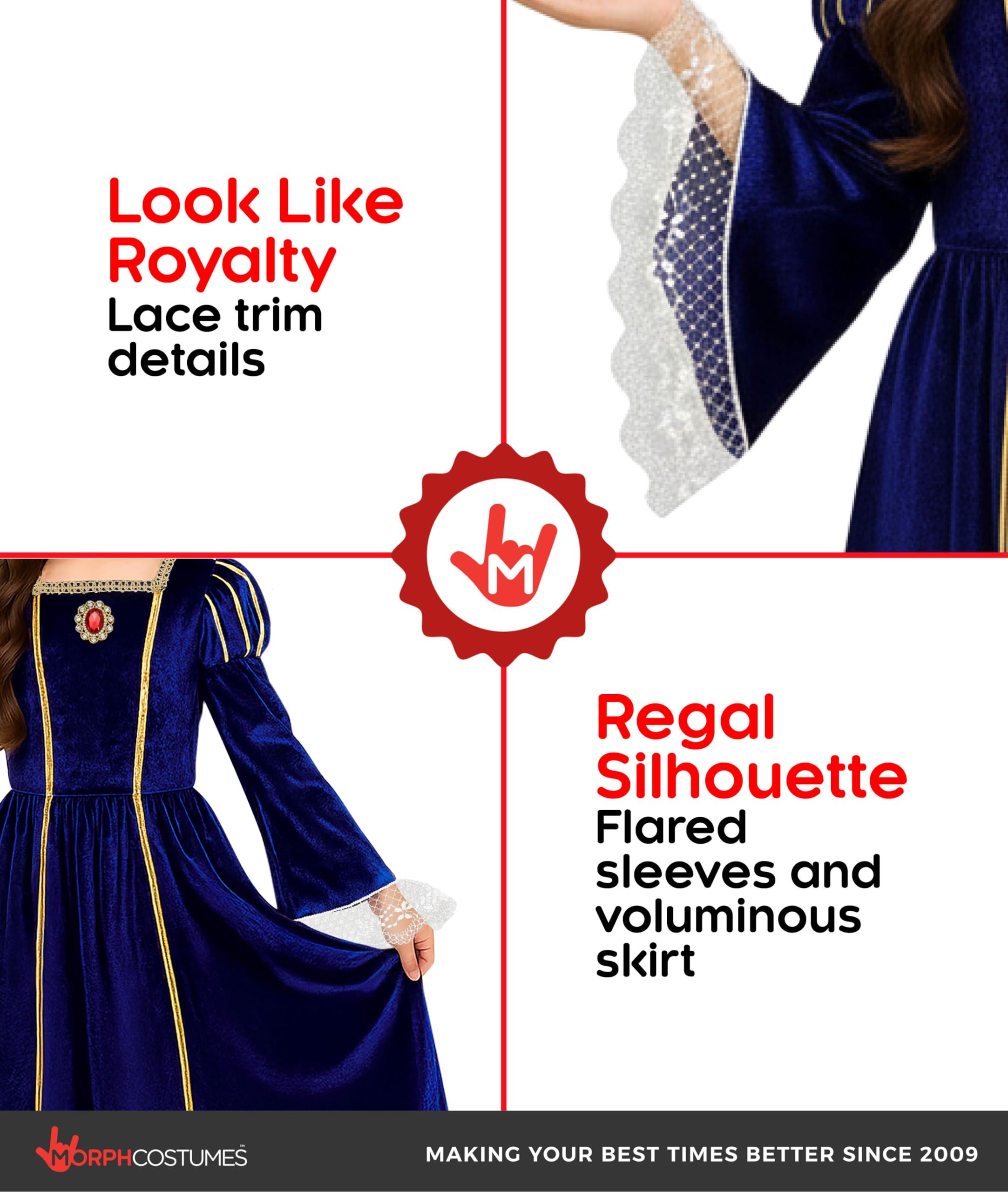 Morph Costume Rinascimentale Bambina Blu, Abito Medievale Principessa Blu per Bambine, Costume Regina Bambina, Costume Halloween Bambina