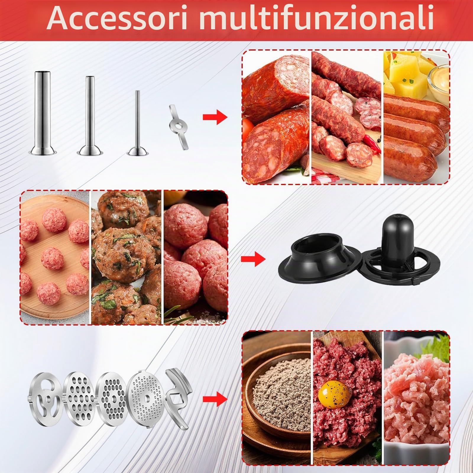 Accessorio Tritacarne, Accessori Kitchen Aid in Acciaio Inox con 4 Dischi di Macinazione 3 Tubi per Insaccati 3 Lame 1 Pestello e 1 Macchina per Hamburger per Tritare Carne Lavorare Frutta Verdura