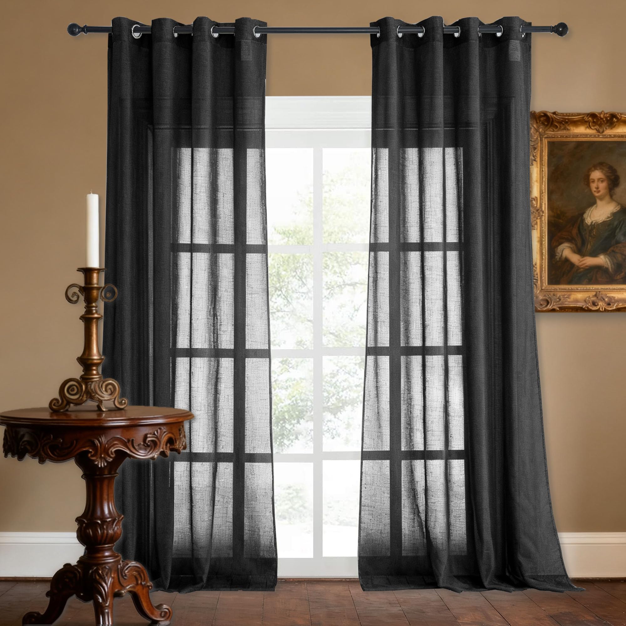 Rideau voile 380 x 260 cm noir effet moderne grand format en polyester pour baies vitrées de salon
