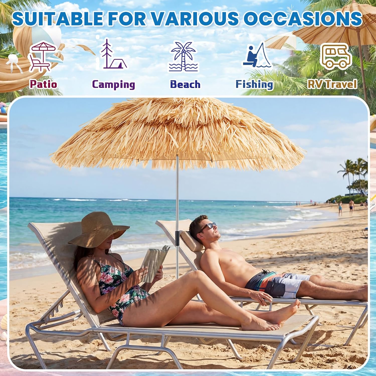 Aliceset 2 Pack Beach Chair Umbrella, 360° Adjustable Tiki PE Straw Clip on Umbrella, UV Protection, 52 Inch,180° Swivel Hinge,8 Ribs Sun Shade for Tropical Patio Camping Pool Fishing Sand Rv Travel