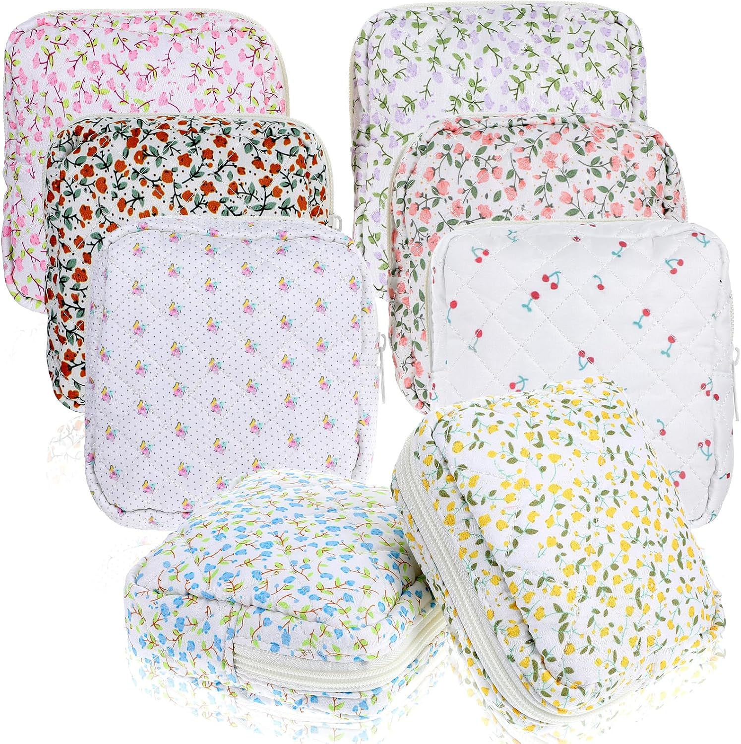 MAQUITA 8 Pcs Mini Makeup Bag Set, Floral Cosmetic Bag with Zipper, Small Waterproof Travel Toiletry Pouch for Women, Cute Organizer for Purse (Assorted Colors)