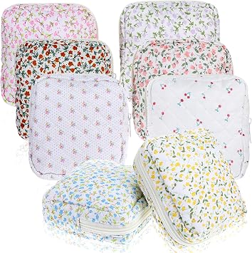 MAQUITA 8 Pcs Mini Makeup Bag Set, Floral Cosmetic Bag with Zipper, Small Waterproof Travel Toiletry Pouch for Women, Cute Organizer for Purse Assorted Colors
