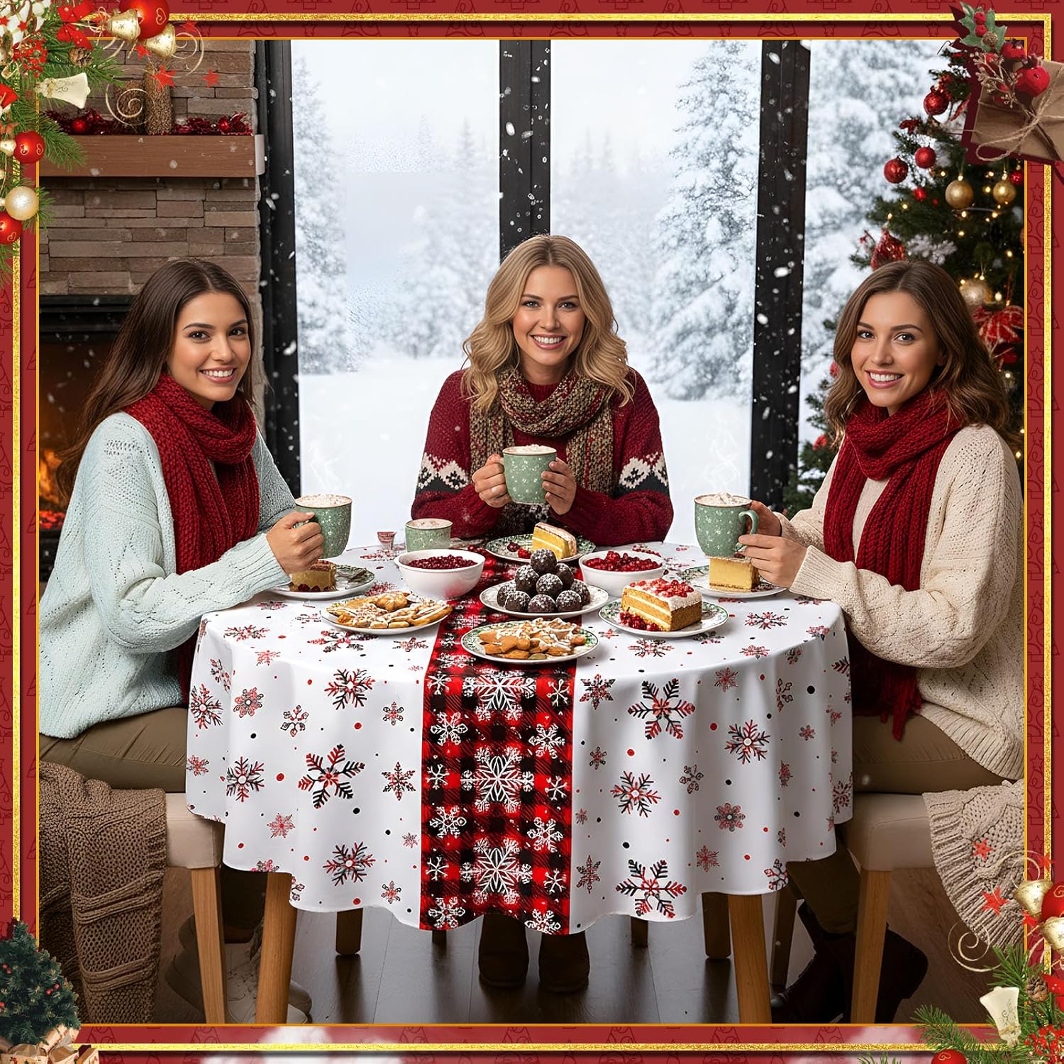 Potchen 6 Pcs Round Tablecloth 84 Inch Plastic Tablecloth Disposable Holiday Table Cover for Party Picnic Dinner Kitchen Decor (Christmas Snowflake)