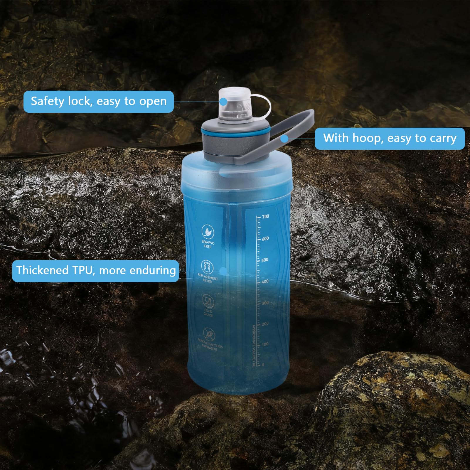 Sistema de filtro de agua plegable para botella exprimible – Estructura de TPU de 700 ml para incorpora una membrana de filtro y fibra de carbono activada para correr, senderismo, viajes