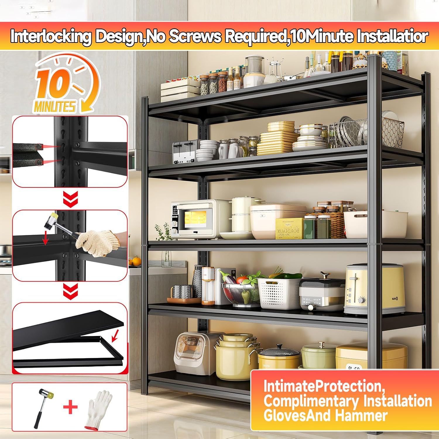 5-Tier Metal Shelving Adjustable Kitchen Storage Rack 40" W x 72" H Metal Storage Shelf Black Shelving Unit 2000LBS Shelvs for Kitchen Pantry Basement
