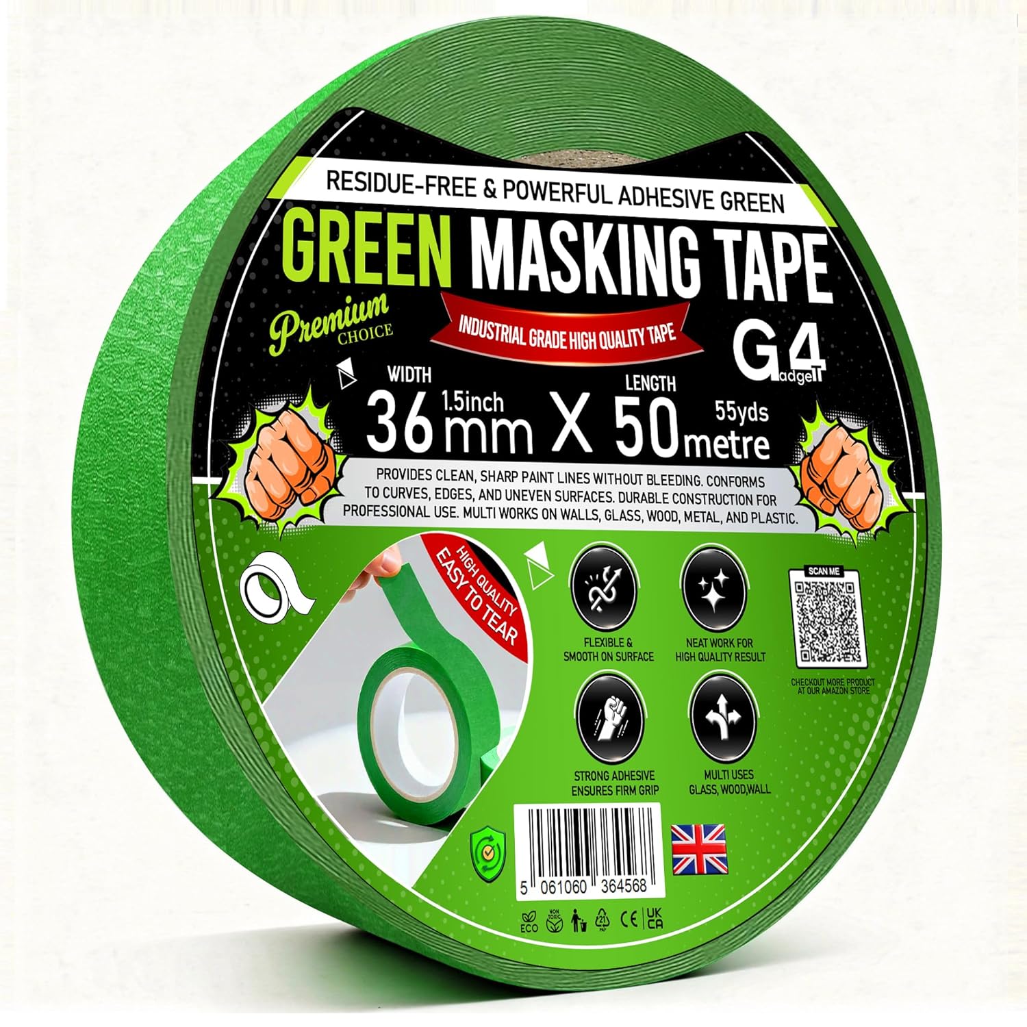 Green Masking Tape for Painting – 36mm x 50m Wide Painters & Decorators Tape, Low Tack Crepe Paper, Clean Removal, Residue-Free for Walls, Trim & DIY