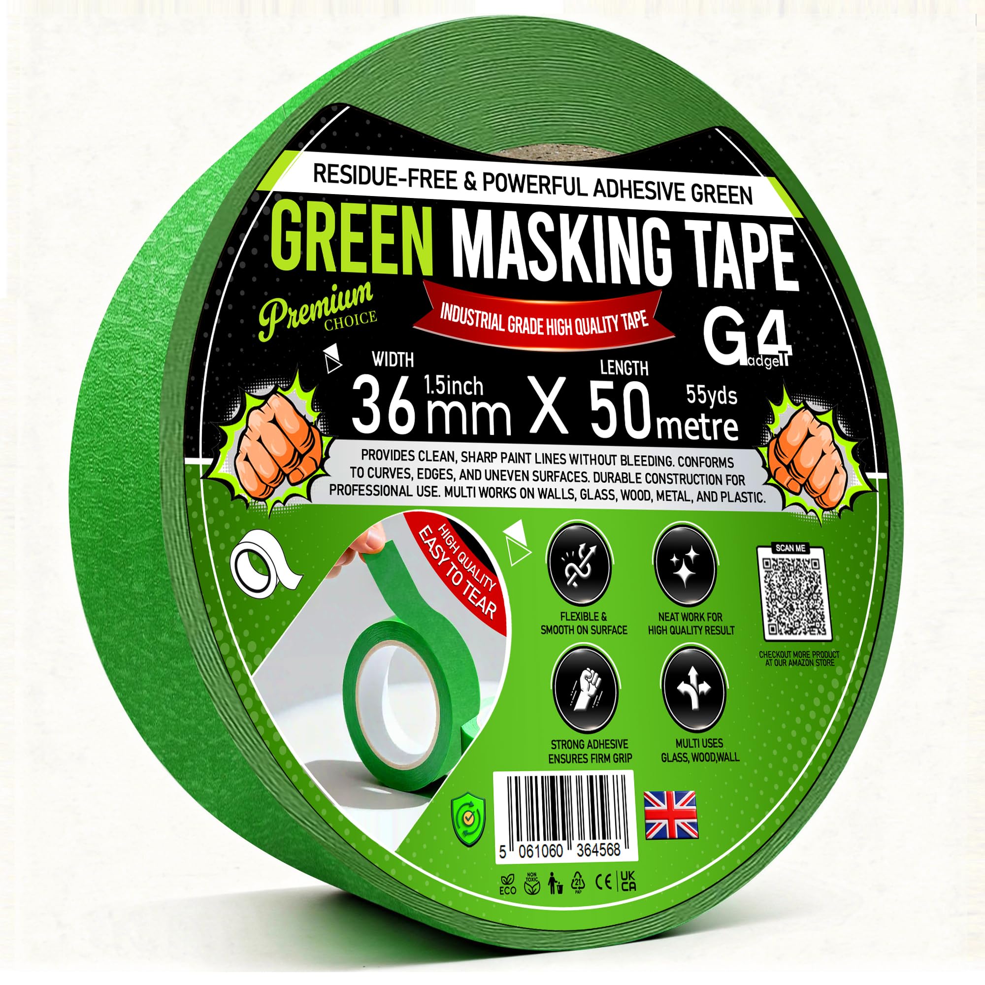 G4GADGET Green Masking Tape for Painting – 36mm x 50m Wide Painters & Decorators Tape, Low Tack Crepe Paper, Clean Removal, Residue-Free for Walls, Trim & DIY