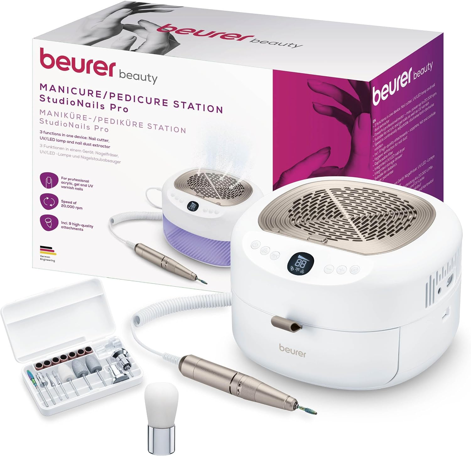 Beurer MP 200 StudioNails Pro estación profesional de manicura/pedicura 3 en 1, cortaúñas eléctrico con lámpara UV/LED y extractor de polvo, apto para uñas de gel y acrílicas, 26.000 rpm, 9 accesorios