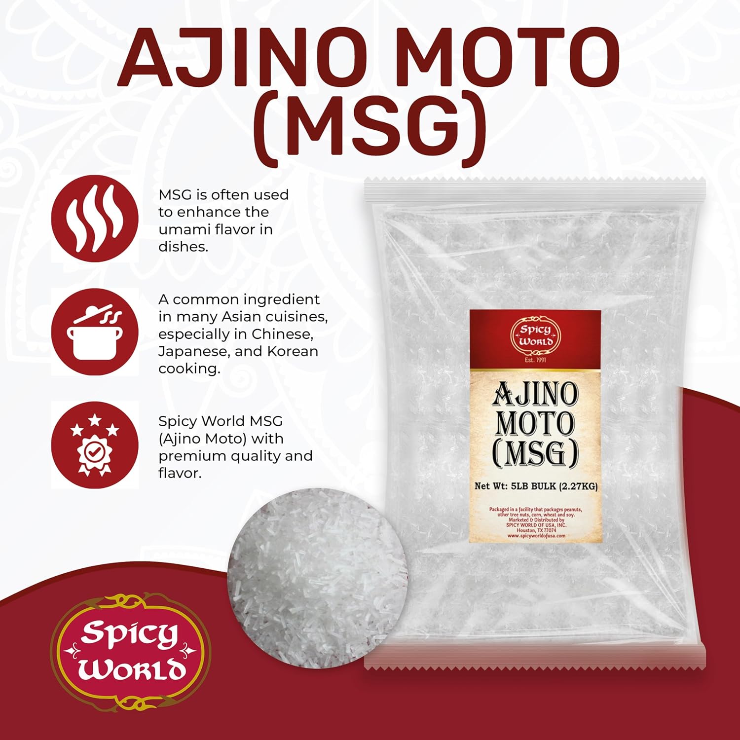 Spicy World MSG 5 Pound Bulk Bag - Flavor Enhancer, Monosodium Glutamate Seasoning, Umami Seasoning