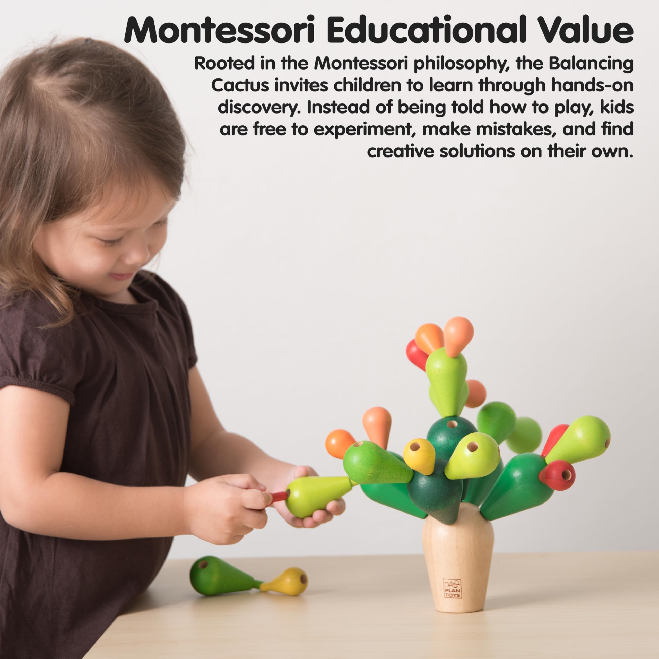 PlanToys Cactus Équilibrant - Jouet de Motricité Coloré en Bois 3+ Ans - Jeu de Construction pour 1 à 4 Joueurs avec Socle et 18 Branches, Wood