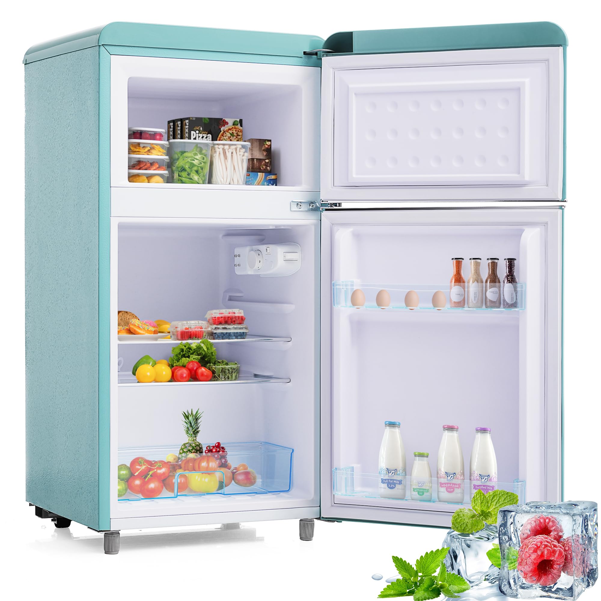 Merax Retro Kühlschrank, Doppeltür, 72L Gesamtvolumen, 21L Gefrierfach, Energieklasse E, 120 kWh/Jahr, LED-Beleuchtung, 3 verstellbare Einlegeböden Cyan