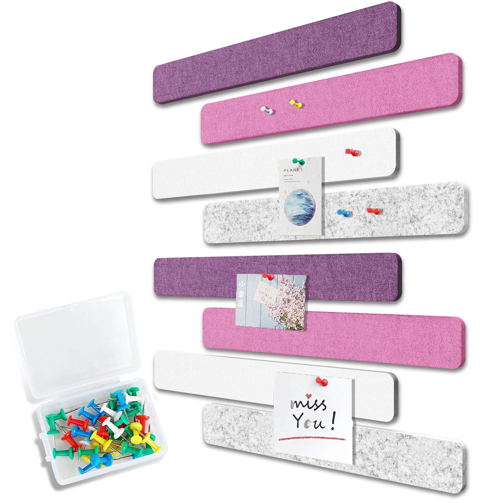 Uoisaiko Felt Pin Board Bar 33cm x 5cm, Pack of 8 Bulletin Board Strips with 40 Push Pins, Home Office Memo Notice Boards Felt Wall Tiles (Purple Series, Small) โ image 1