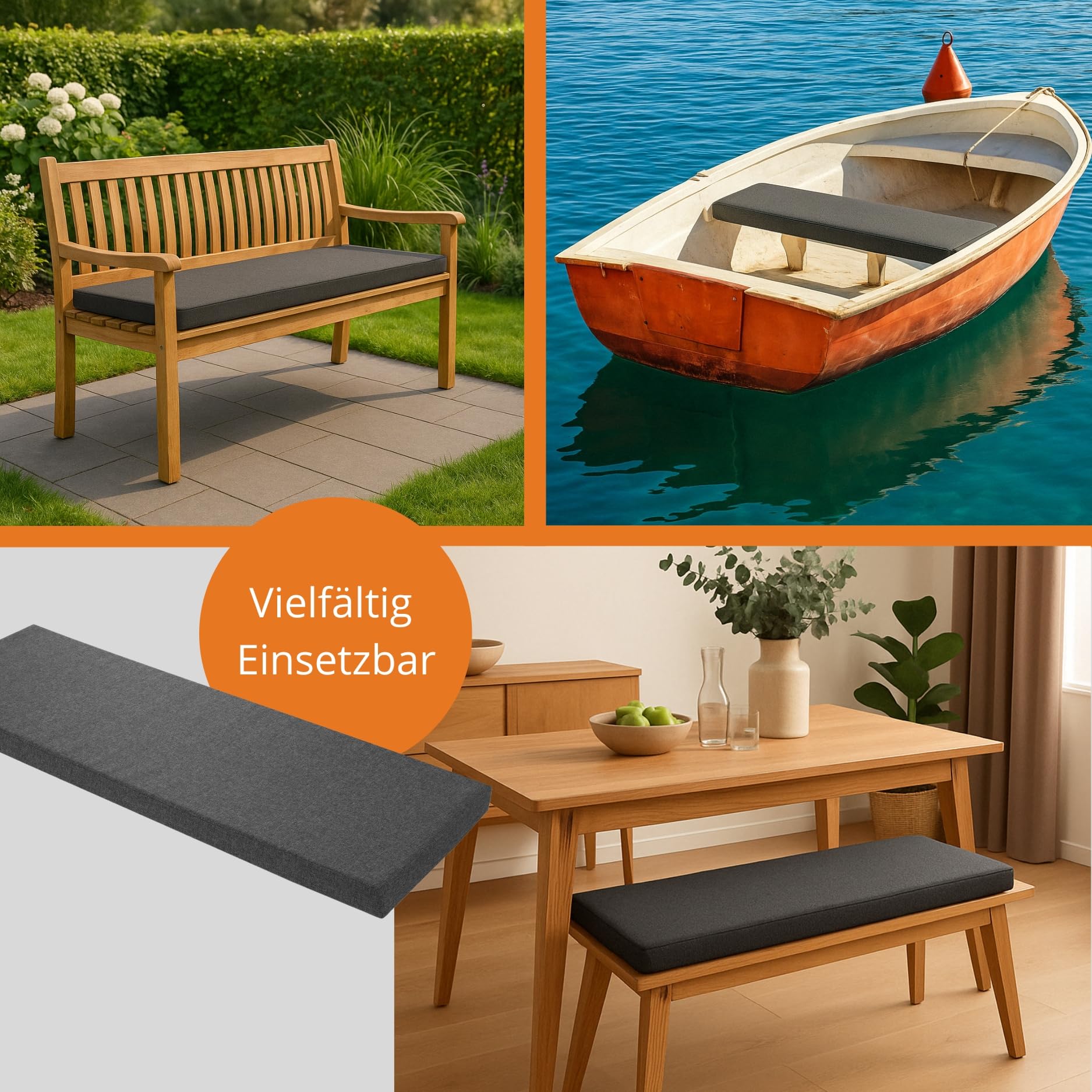 sleepling Bankauflage 200x40 cm dunkelgrau, Sitzkissen Outdoor & Indoor, Bankpolster, Bezug waschbar, Unterseite Antirutsch, Made in EU - 3