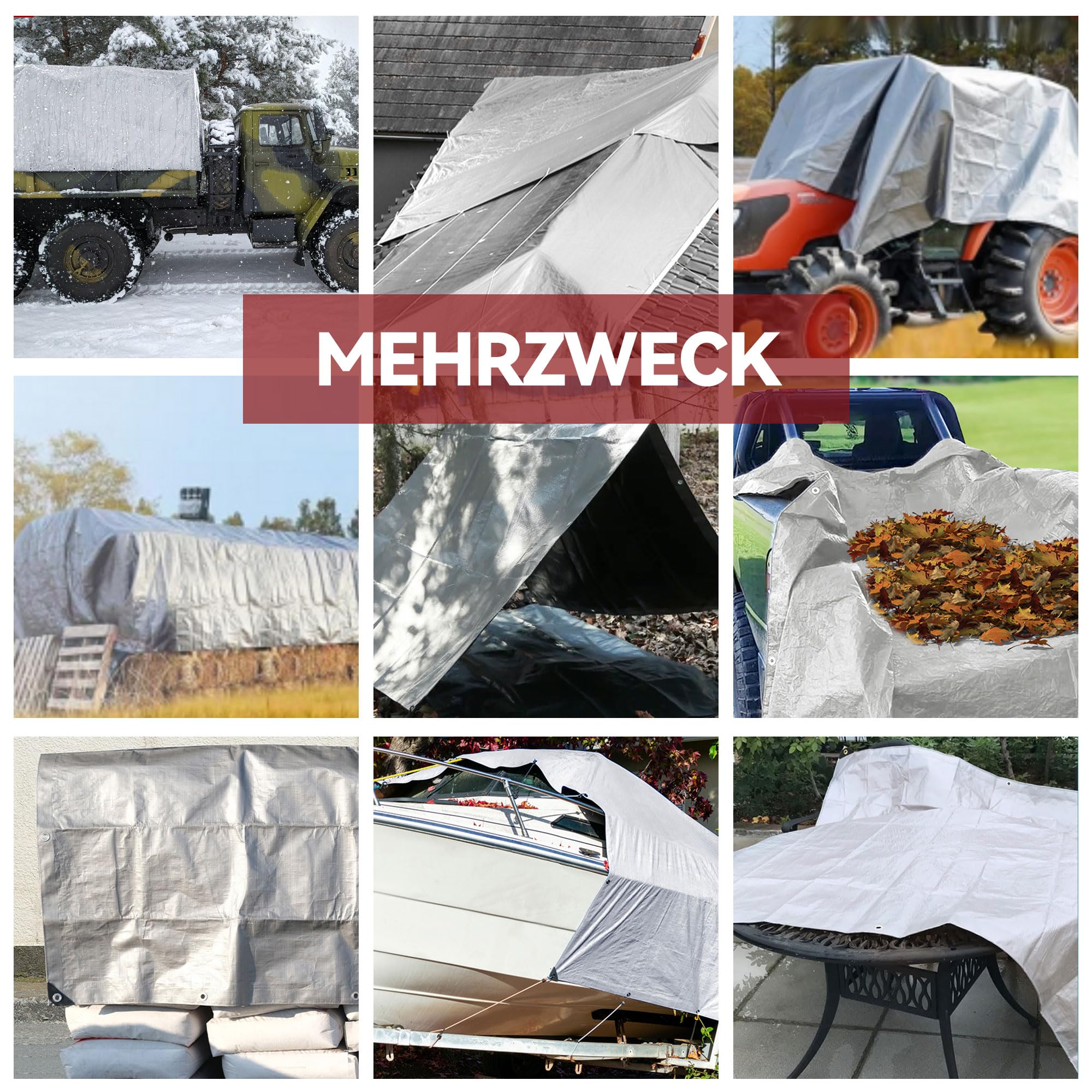 Abdeckplane mit Ösen Wasserdicht, Plane 8x10m, 155g/m² LKW Plane, Reißfest, UV-stabilisiert Gewebeplane, Multifunktionale Schutzplane Holz Bauplane Outdoor,Silber/Schwarz
