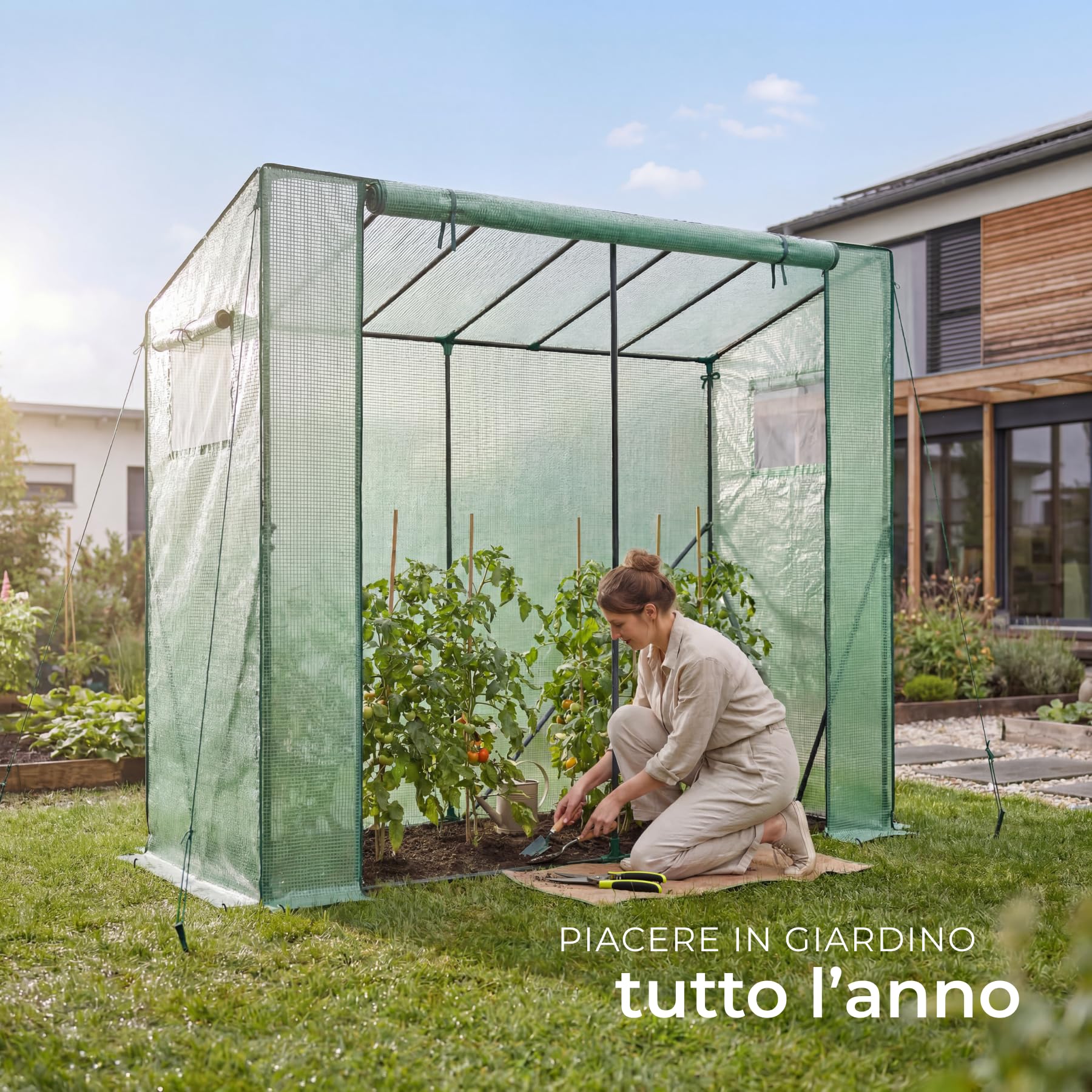tectake® Serra da Giardino 200x77x170 cm, Copertura Retinata, Telaio in Acciaio, Resistente Intemperie e UV, 2 Finestre Laterali, Porta Avvolgibile, Serra per Orto, Giardinaggio, Piante - Verde