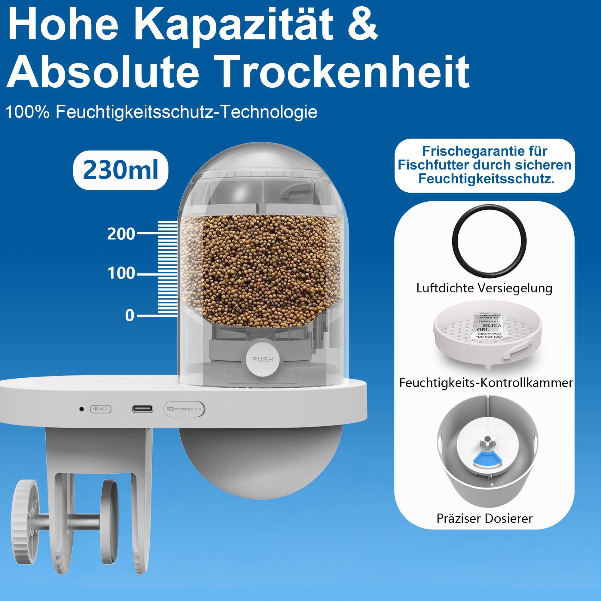WiFi Futterautomat Aquarium mit Kamera, 2.4/5G WLAN Smart App, 0,2g Visuelle Präzision Fischfutter Automat, 230ML Fisch Futterspender für die Tägliche/Urlaub, Meerwasser und Süßwasseraquarien