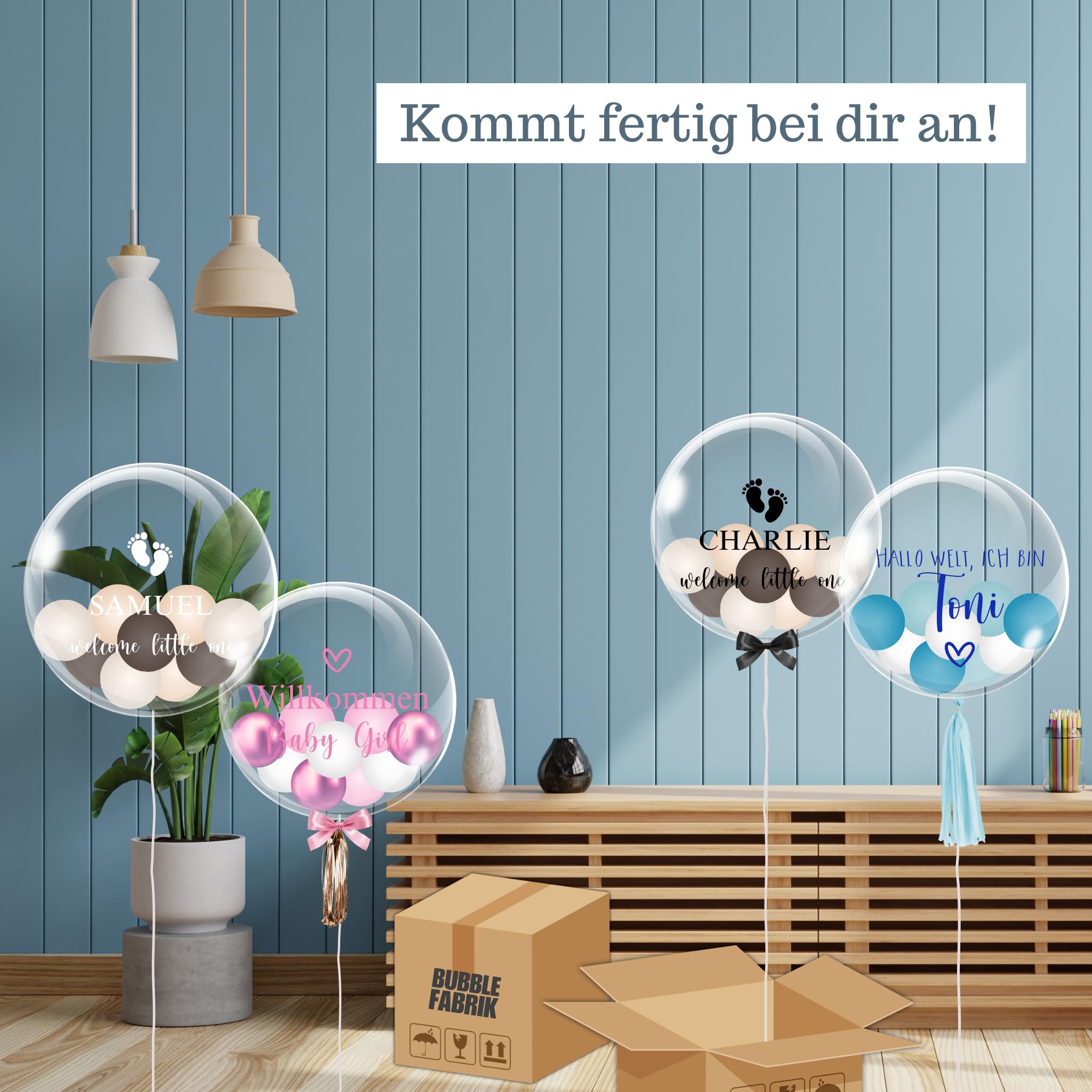 Personalisiertes Ballongeschenk: Durchsichtiger Heliumballon mit Bunten Ballons, Geschenk zu Geburt, Geschenkidee für Eltern