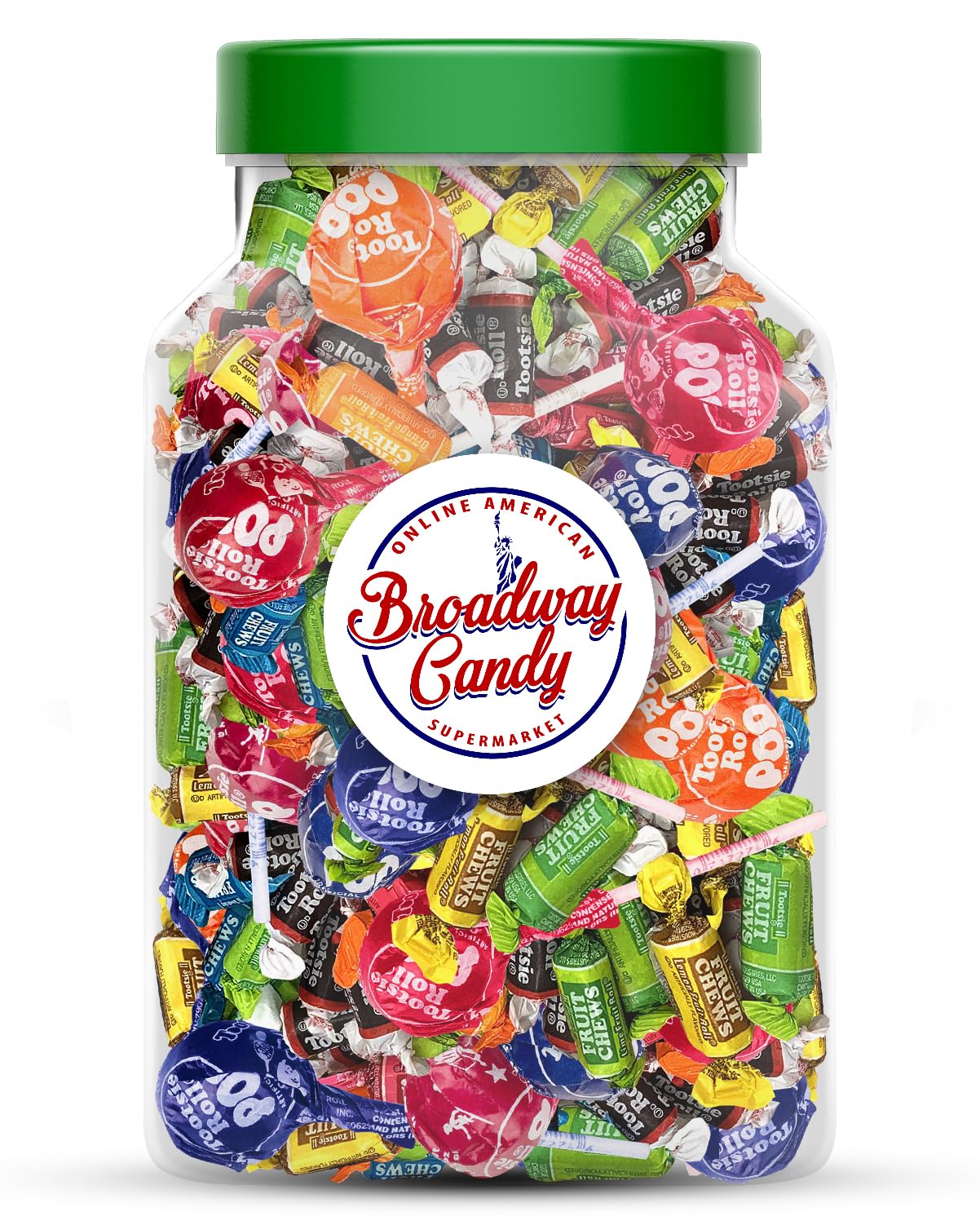 Broadway Candy Sweets Jar 1kg - Tootsie Roll Fruity Chews & Lollipop Mix Jar - Sweets for Adults & Kids - Sweets Gift for Fruit Chews & Lollipop Candy Lovers - Approximately 95 Pieces