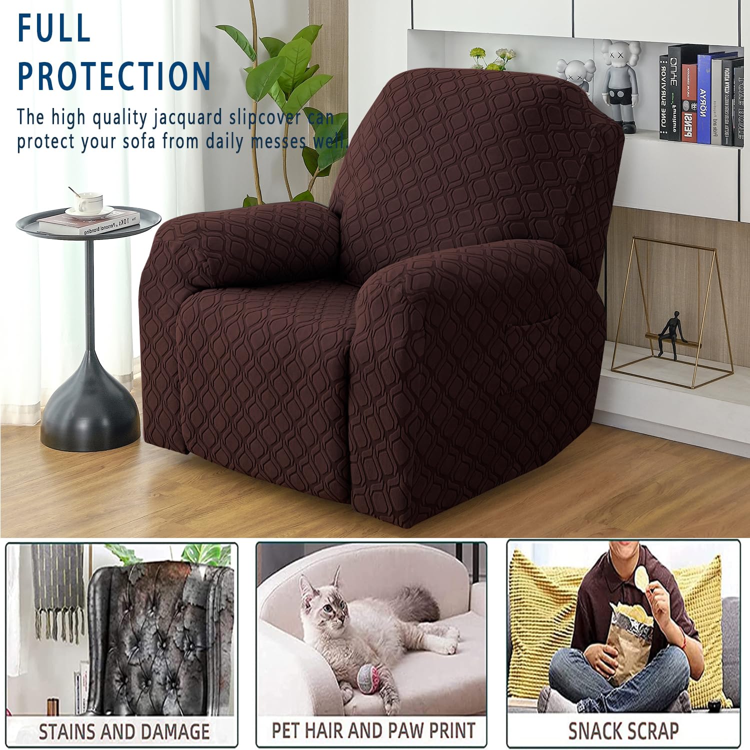Topchances Super Soft Recliner Cover - Stretch Recliner Chair Cover with Side Pocket, Furniture Protector (Jacquard Coffee) - Image 2