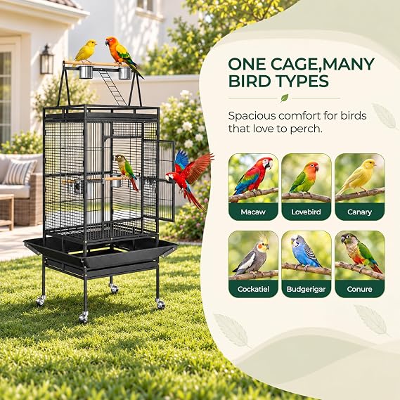 ZENY 68-Inch Birdcage, Playtop Parrot Cage, Wrought Iron Bird Cage with Rolling Stand, Heavy-Duty Pet Bird House for Parrot Cockatiel Cockatoo Parakeet Macaw Finches, Black