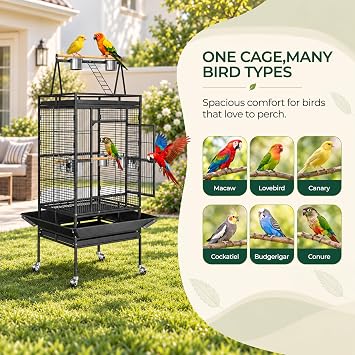 ZENY 68-Inch Birdcage, Playtop Parrot Cage, Wrought Iron Bird Cage with Rolling Stand, Heavy-Duty Pet Bird House for Parrot Cockatiel Cockatoo Parakeet Macaw Finches, Black