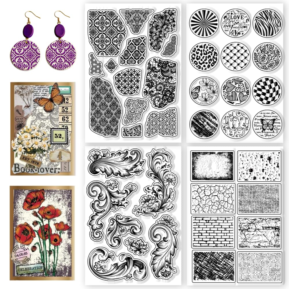 CONCHLERY 4 Sheets Clear Stamps Various Textures Baroque 6.3x4.3 Inch
