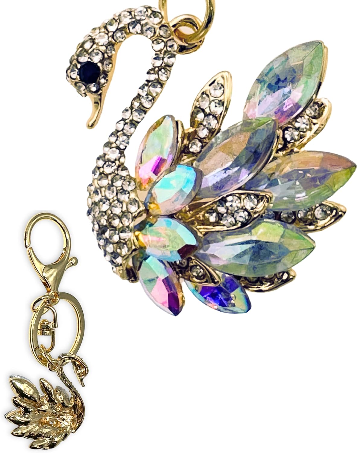 Iridescent Swan Keychain - Rhinestones, Drawstring Bag, Gold Filigreed Back - 4 In Long - Image 5