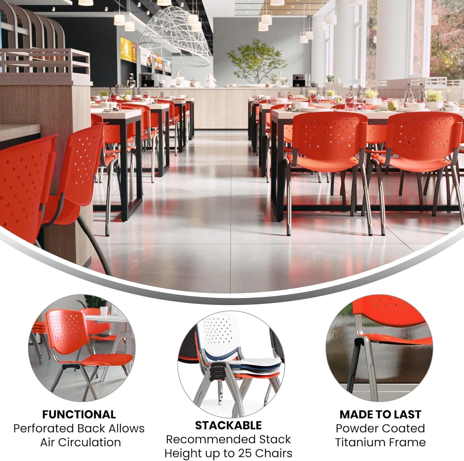 BOWERY HILL Plastic Perforated Back Stacking Chair, Orange Finish, Metal Frame, Ergonomic Contoured Design, Textured Seat, Commercial Use, 29.75" H x 20.5" W x 16" D, Indoor Office Chair Stackable