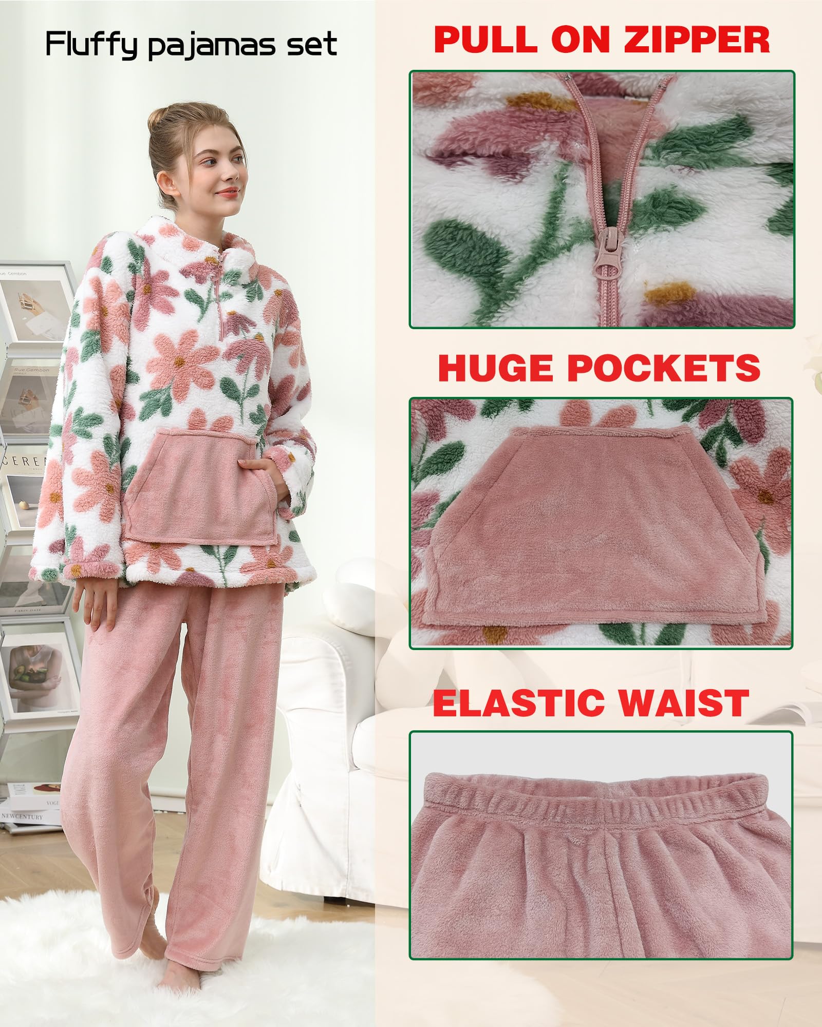 Pyjama 2 pièces en polaire pelucheuse pour femme - Ensemble de vêtements de nuit chauds - Pull haut et pantalon - Vêtements de nuit pour adolescentes et femmes, rose, L