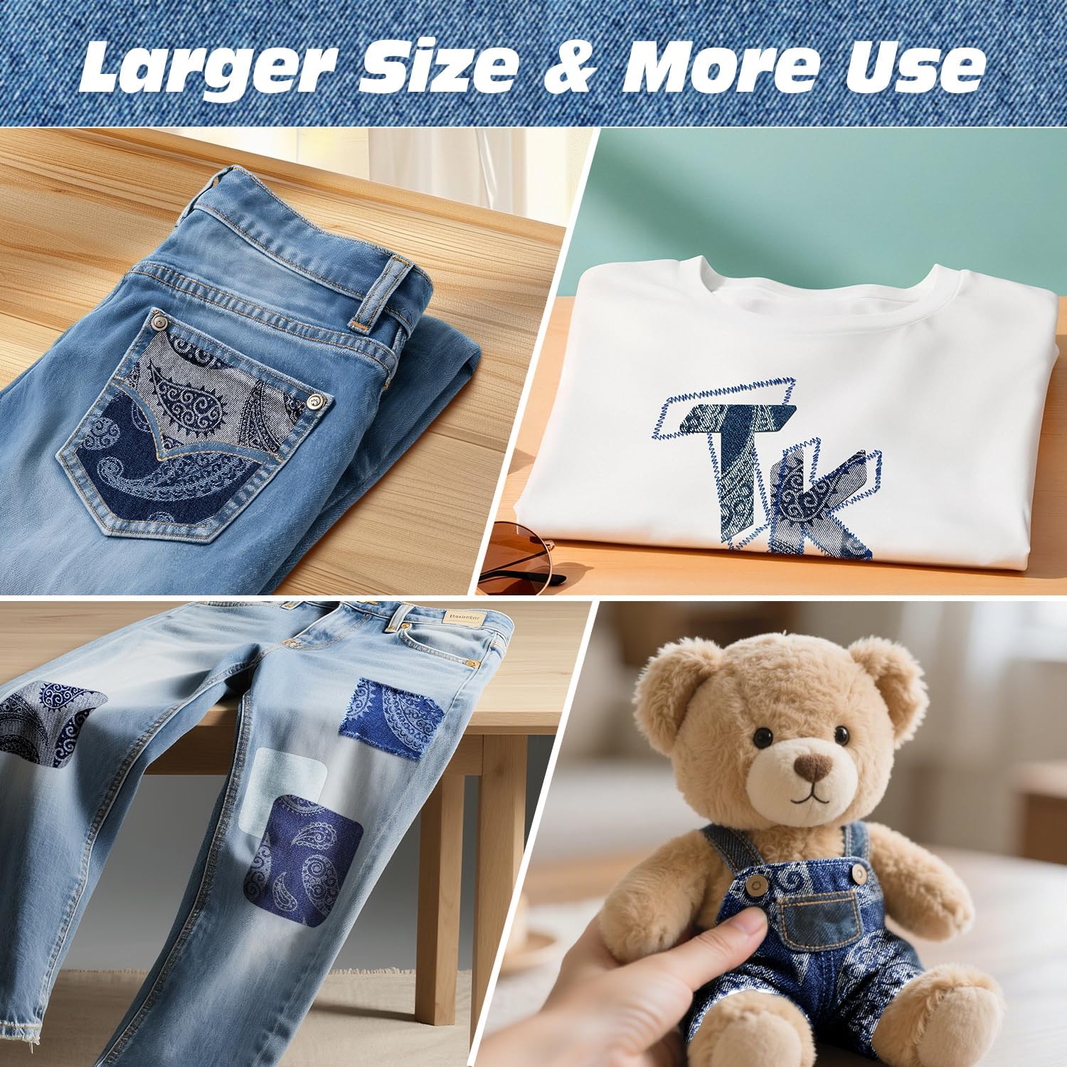 TransOurDream Tru-Iron on Patches for Jeans(8.5x11”, XL), 100% Cotton Jean Patches with Paisley Pattern, Extra Large Denim Patches for Clothes Repair and Decorating, Inside & Outside Use(4Pcs 2Colors)