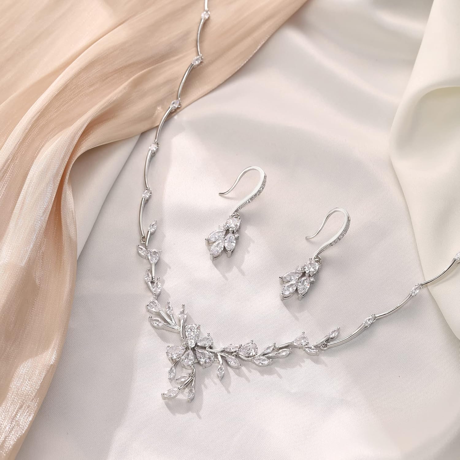 Crysdue Women's Wedding Bridal Jewelry Set for Brides Bridesmaids Cubic Zirconia Flower Leaf Vine Necklace Dangle Earrings for Prom Party