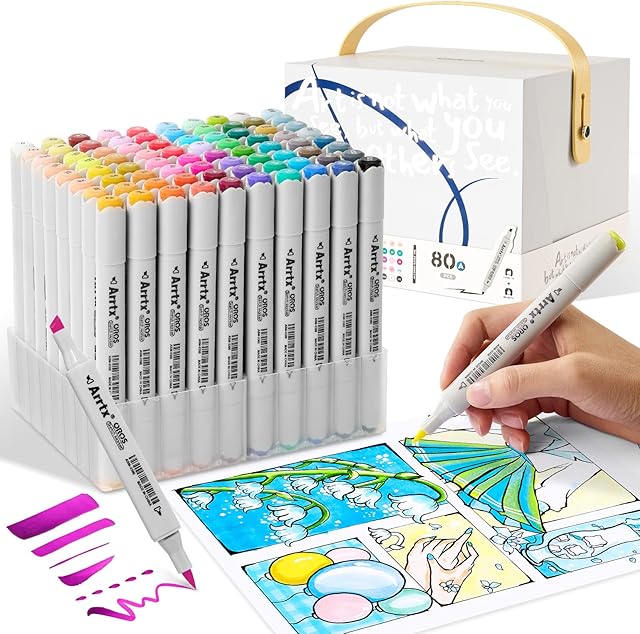 80 Colour Alcohol Marker Pens, Arrtx Oros Brush & Chisel Tip Sketch Art Marker Set Alcohol-Based Brush Markers for Kids and Adults' Coloring Illustration, Figure Painting, Portrait Design.