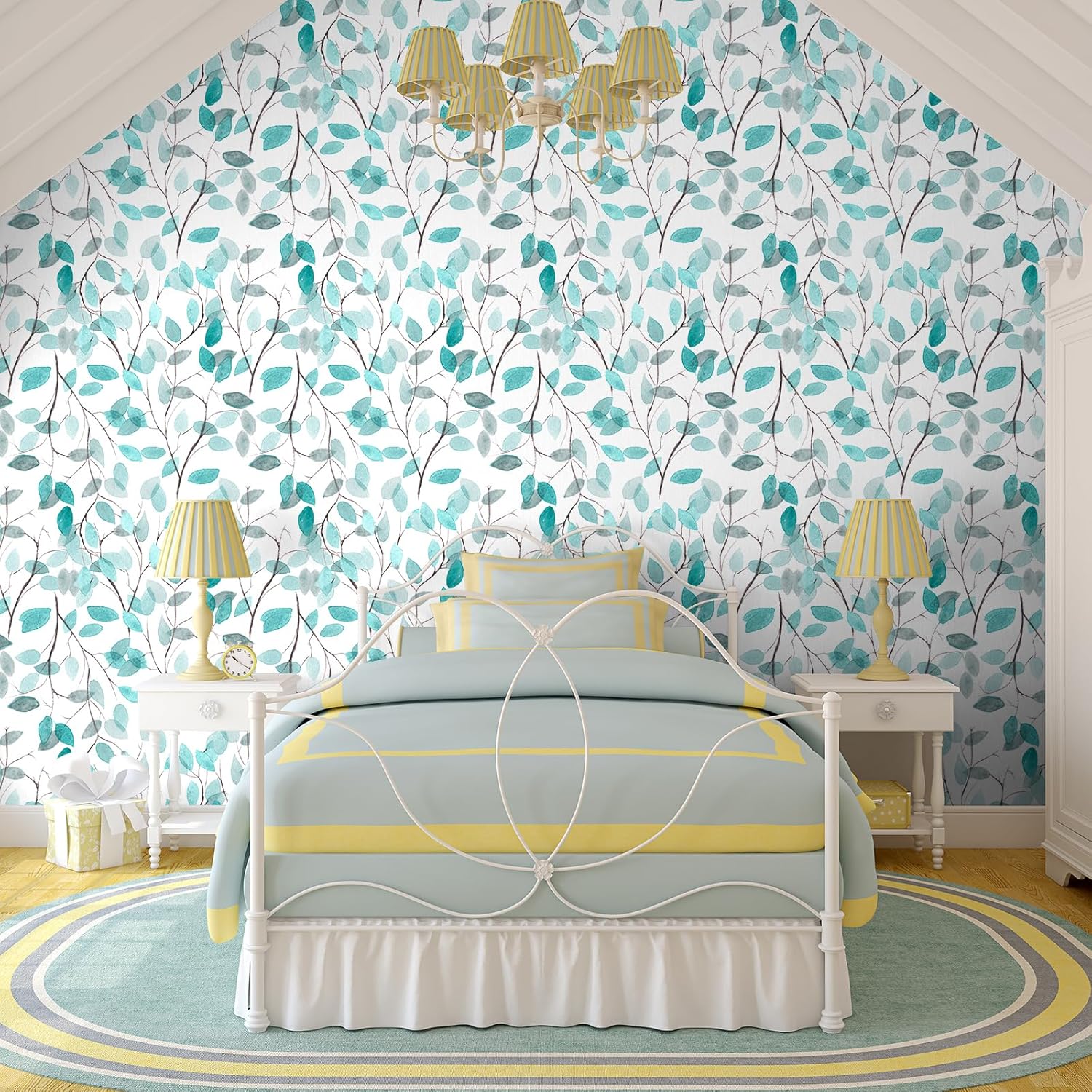VaryStyle 17.7"x118" Eucalyptus Leaf Wallpaper Teal Blue/Grey Leaves Branches Mural Wall Paper Leaf Peel and Stick Wallpaper Removable Self Adhesive Contact Paper for Bathroom Bedroom Cabinets Walls